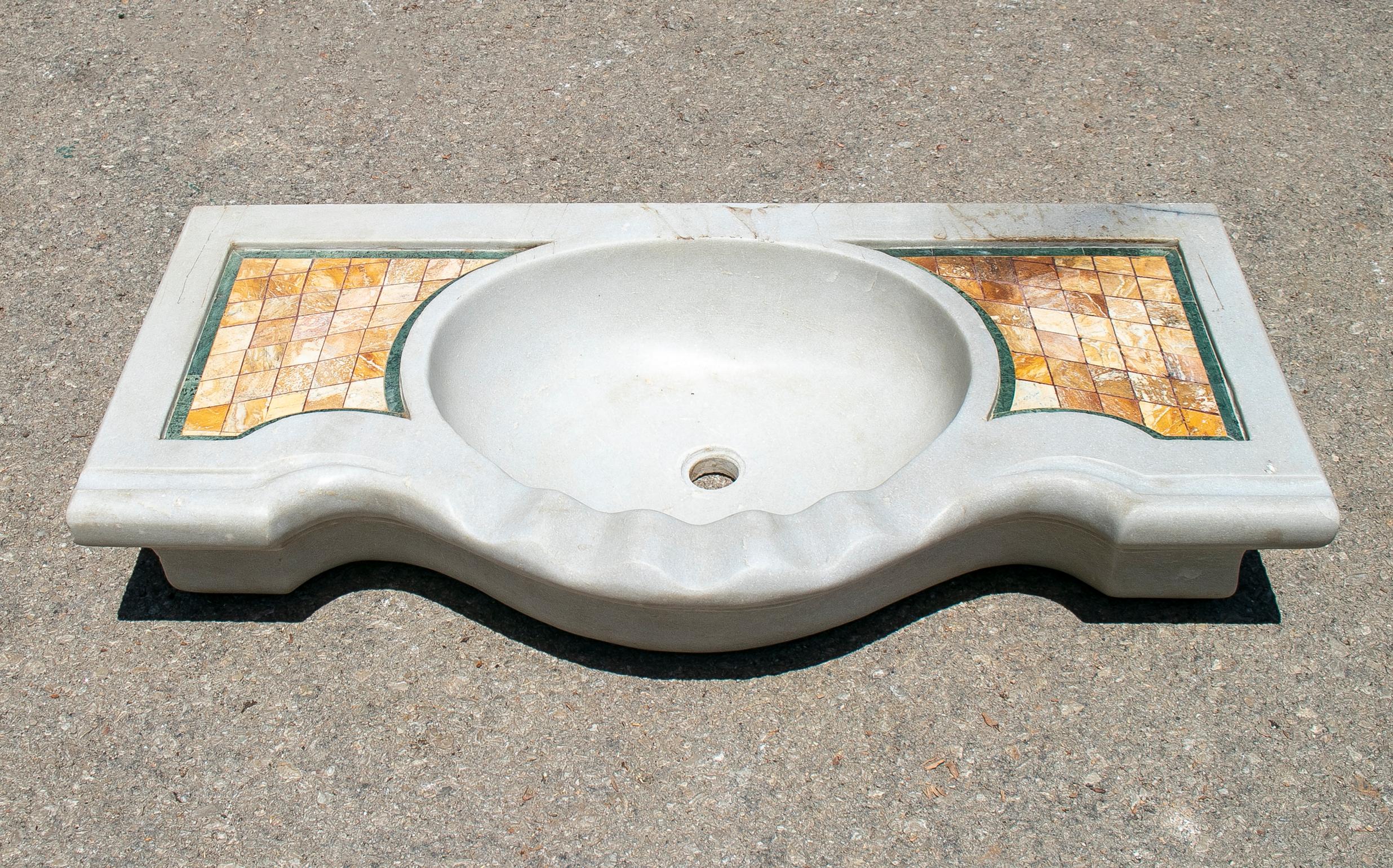 1990s Spanish aged Macael white wash basin with Romano travertine and Serpentine green marble inlay mosaic.