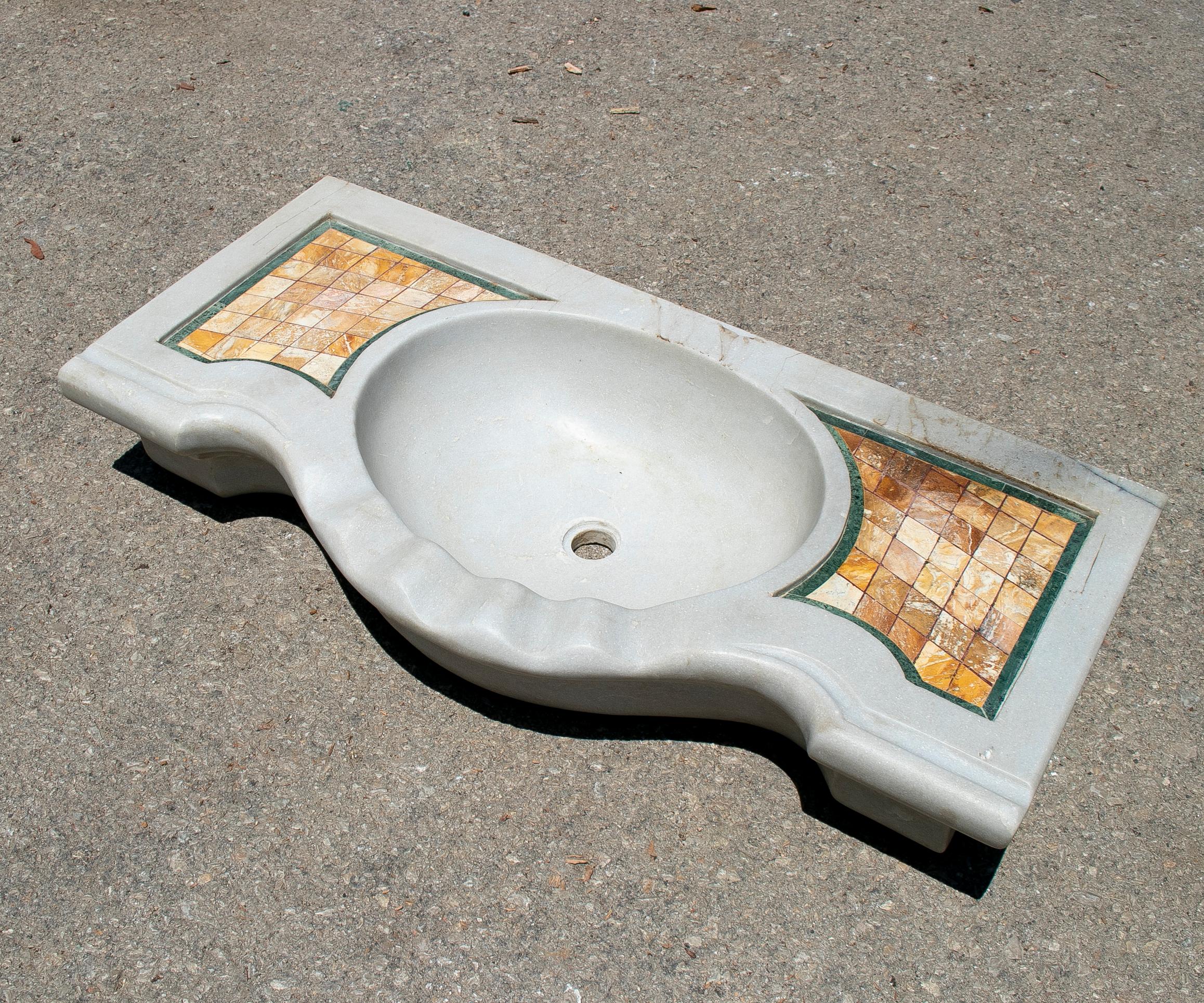 Hand-Carved 1990s Spanish Aged Macael White Wash Basin w/ Inlay Mosaic Decoration