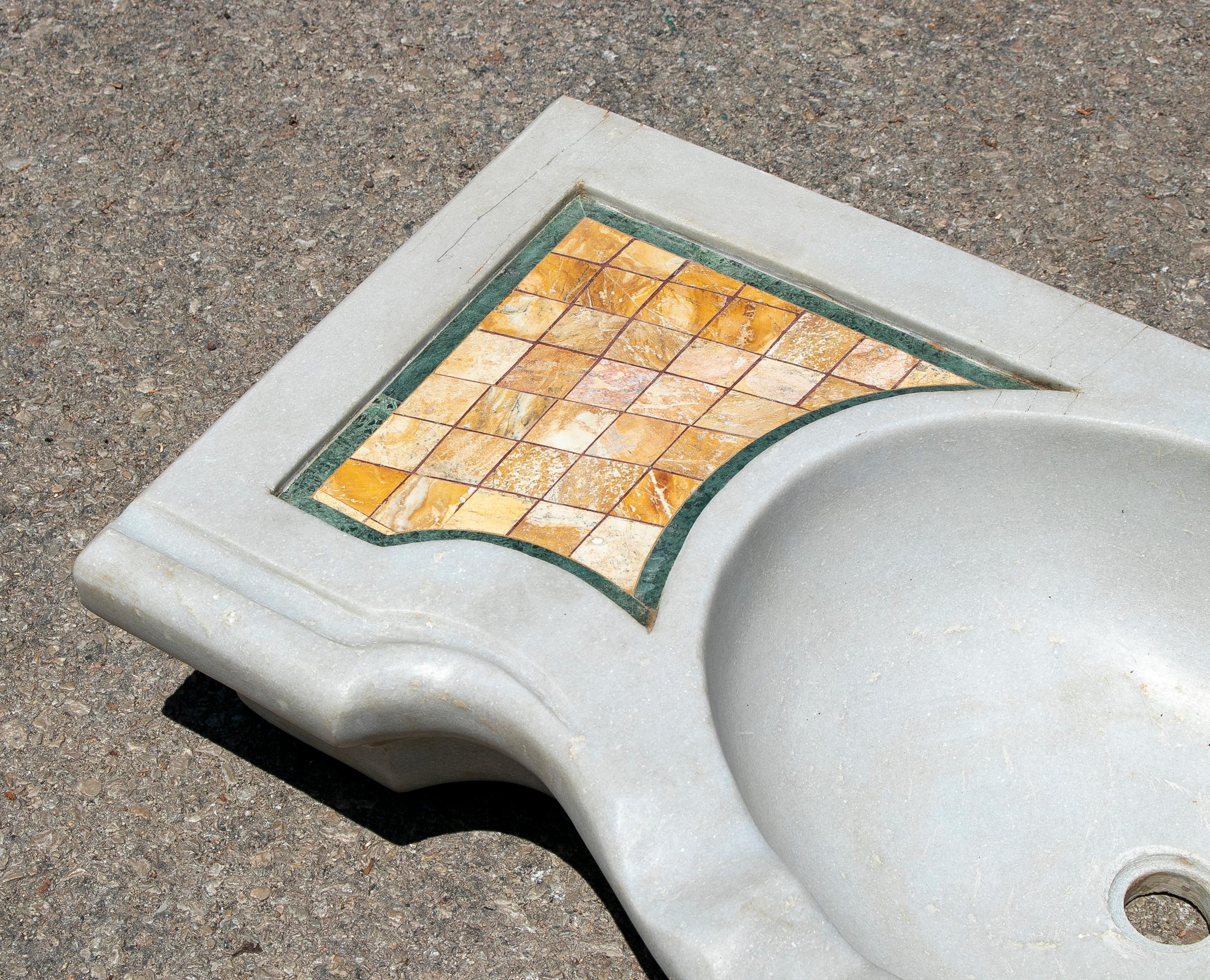 1990s Spanish Aged Macael White Wash Basin w/ Inlay Mosaic Decoration In Good Condition In Marbella, ES