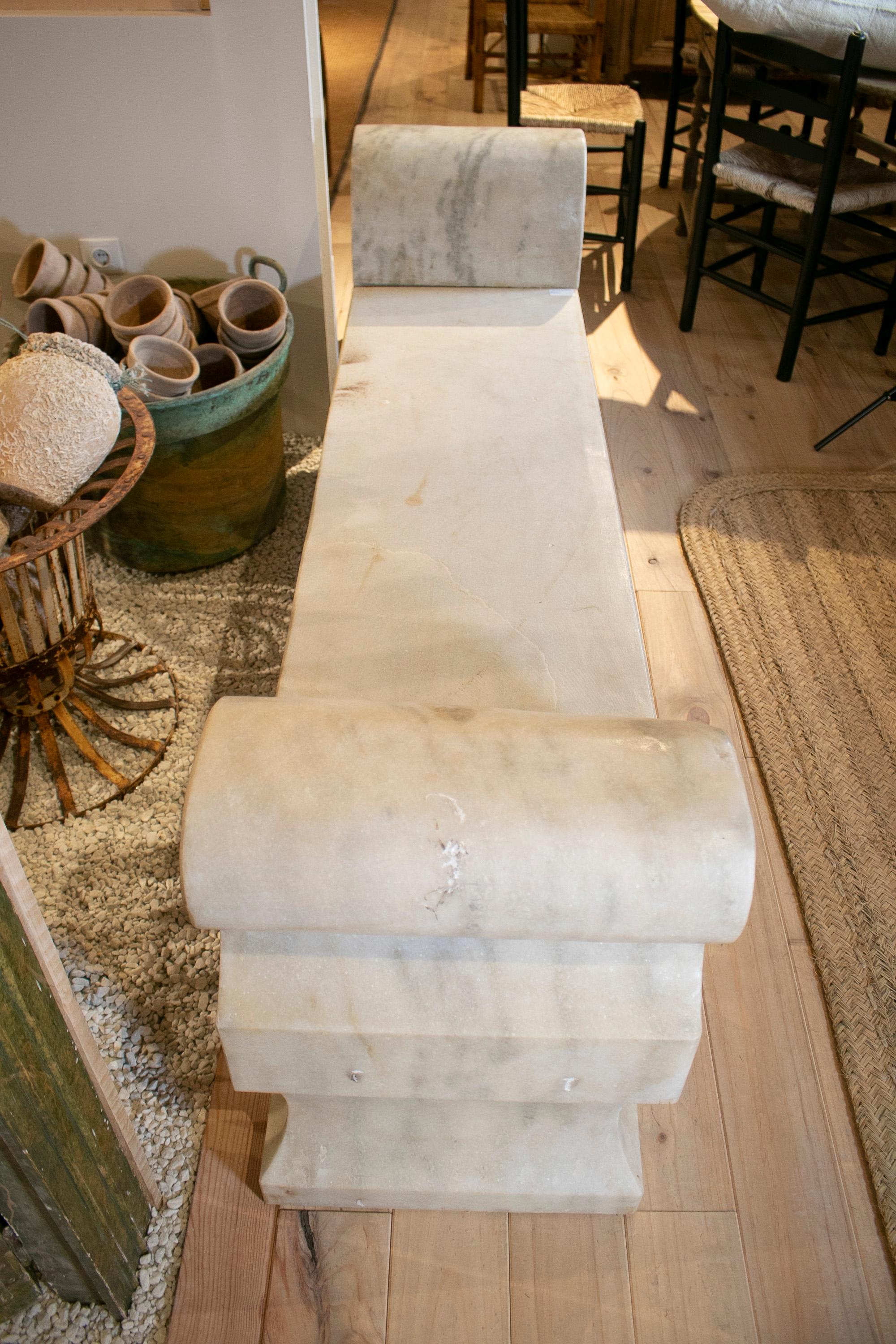 1990s Spanish Aged White Macael Marble Classical Garden Bench 3