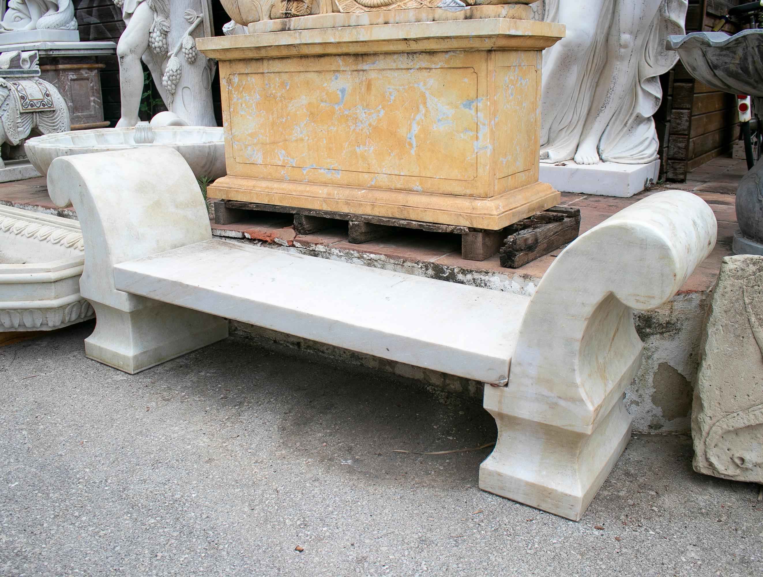 1990s Spanish aged white Macael marble classical garden bench.