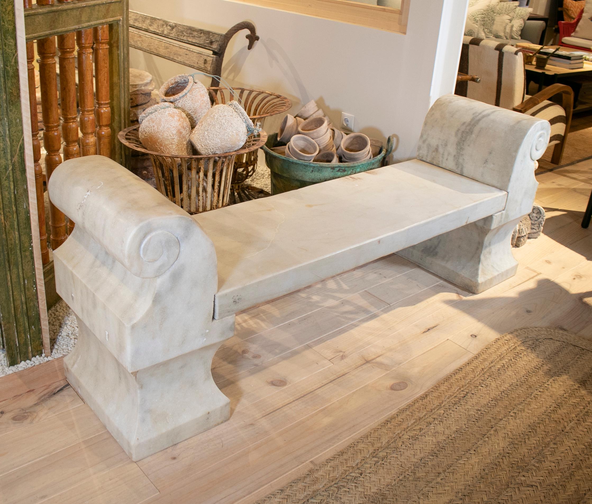 1990s Spanish aged white Macael marble classical garden bench.