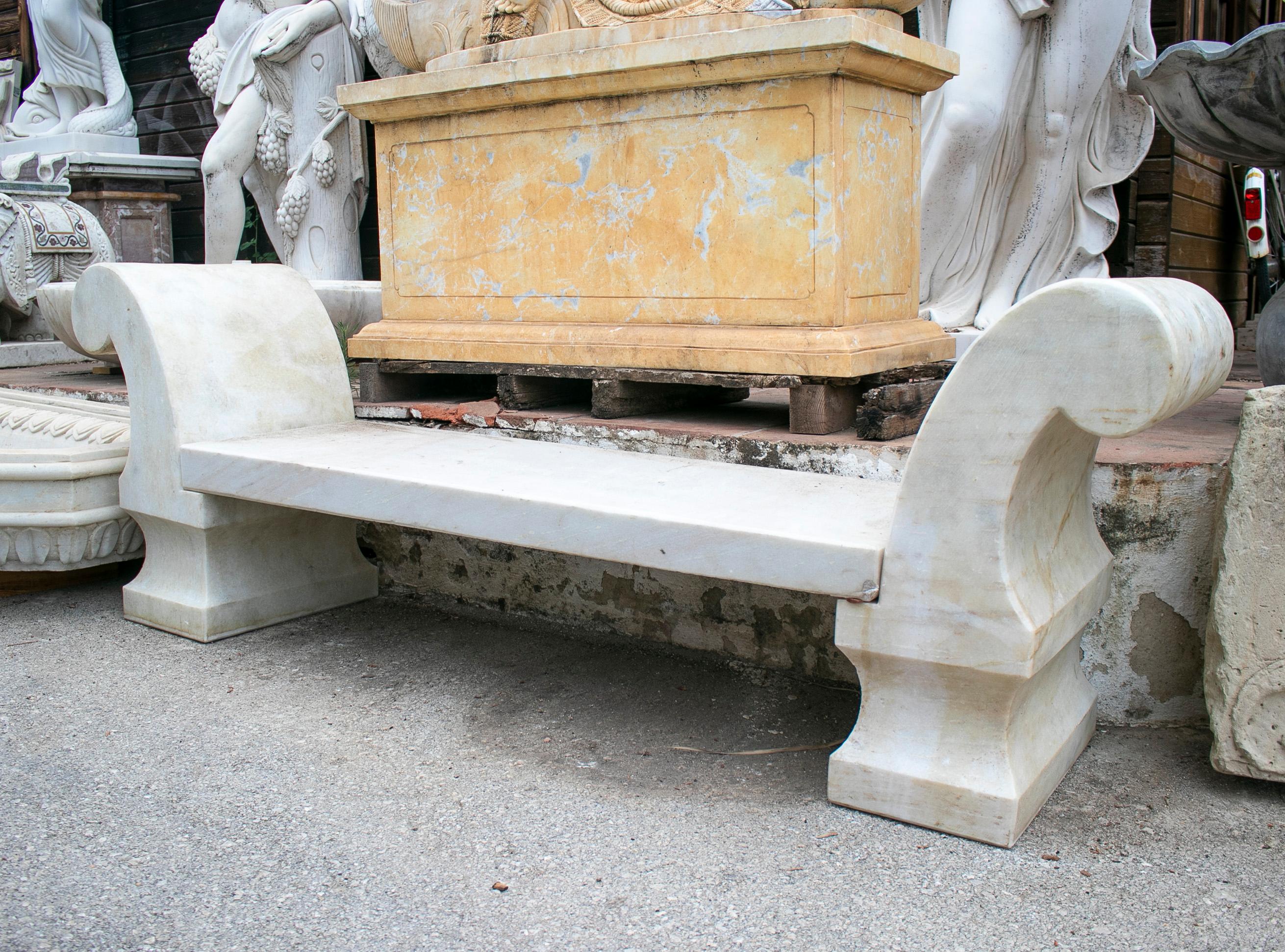 Hand-Carved 1990s Spanish Aged White Macael Marble Classical Garden Bench