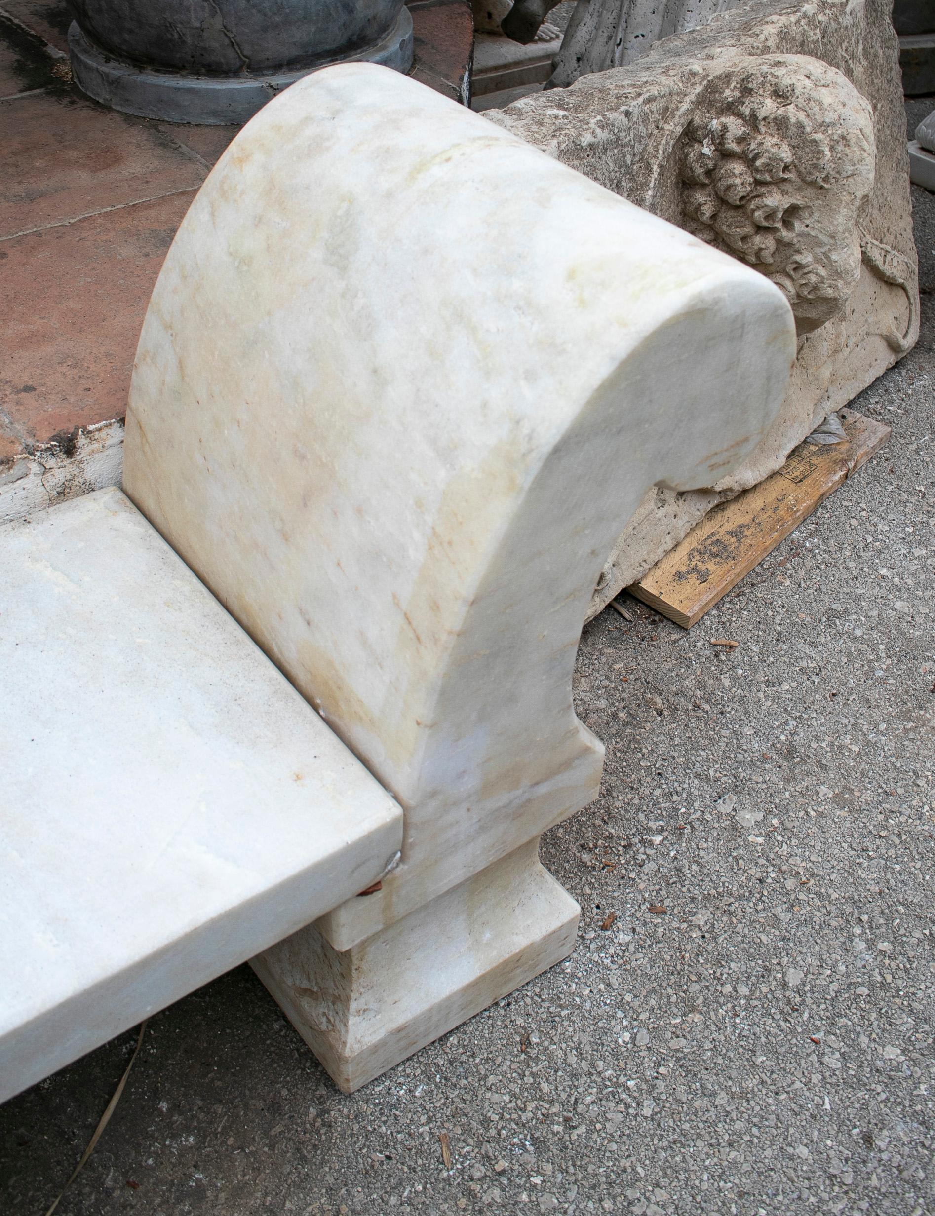 1990s Spanish Aged White Macael Marble Classical Garden Bench 1