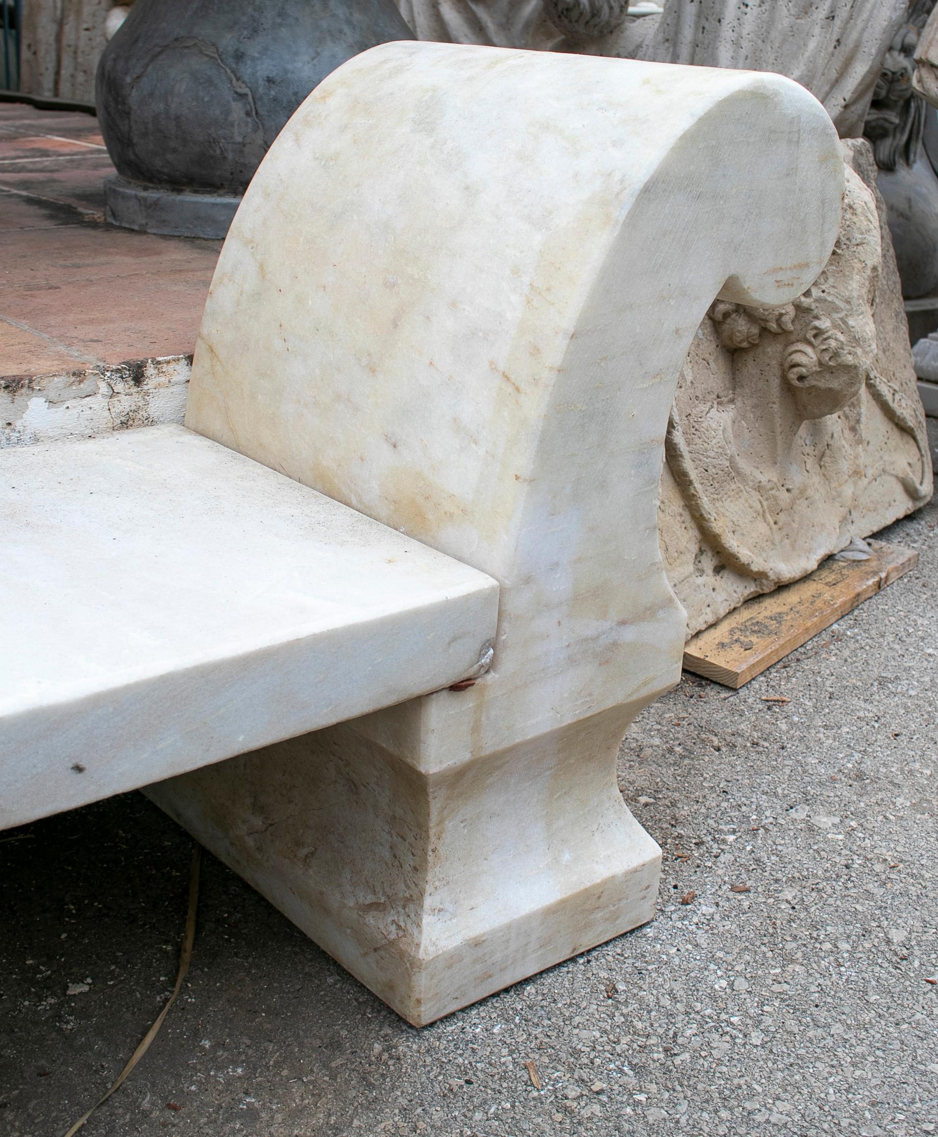1990s Spanish Aged White Macael Marble Classical Garden Bench 2