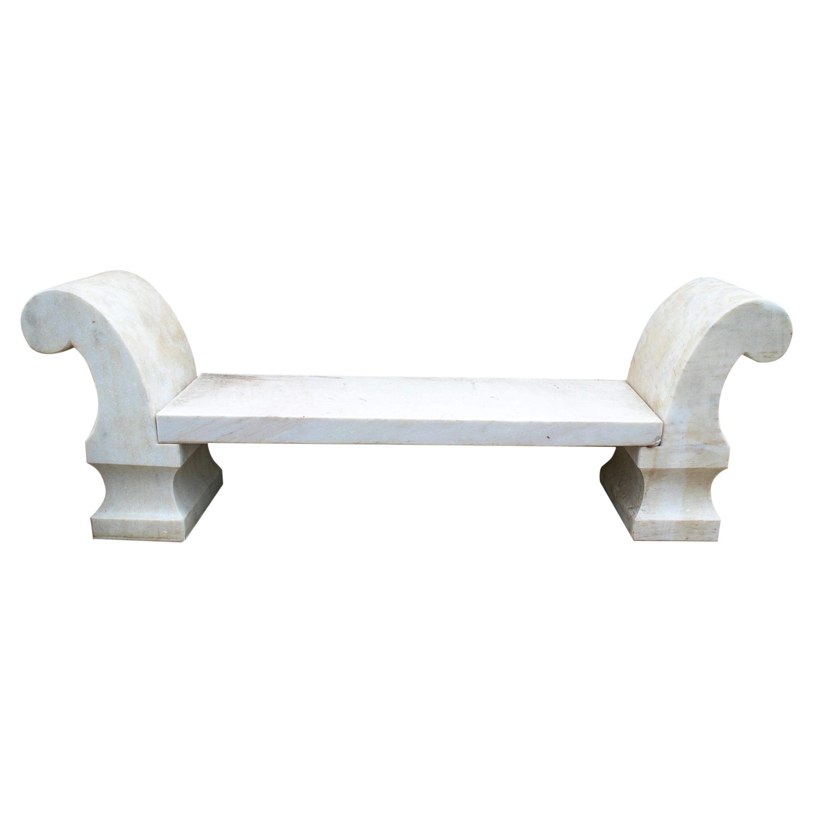 1990s Spanish Aged White Macael Marble Classical Garden Bench