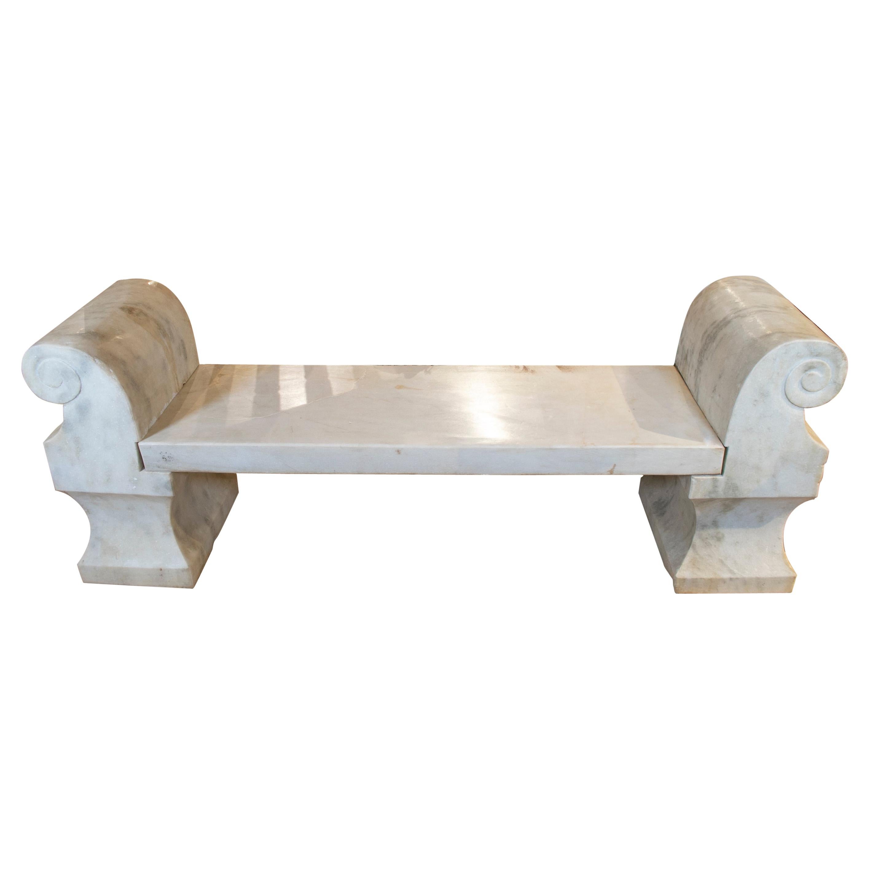1990s Spanish Aged White Macael Marble Classical Garden Bench