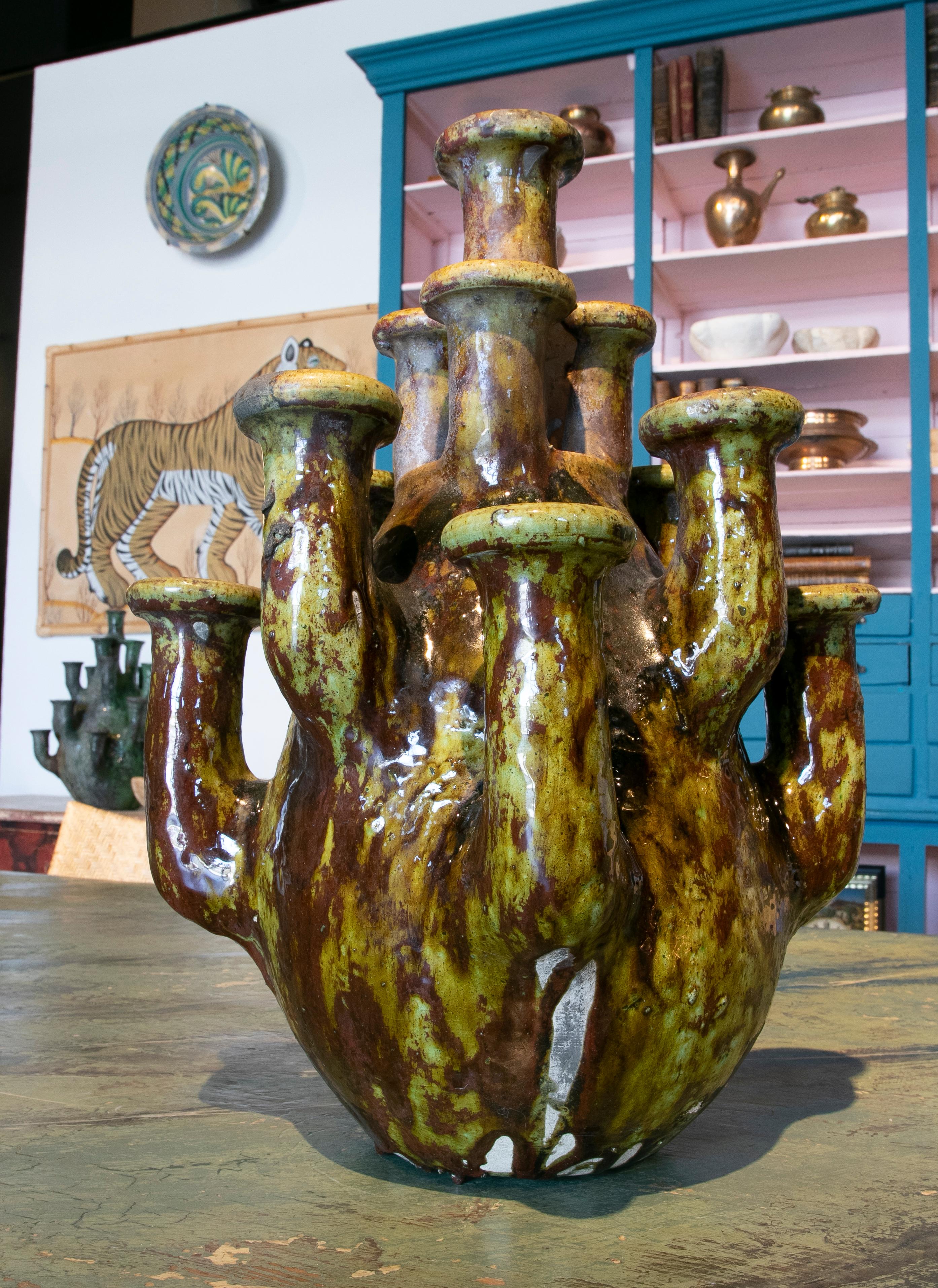 1990s Spanish Artistic Green Glazed Terracotta Ceramic Table Chandelier For Sale 6