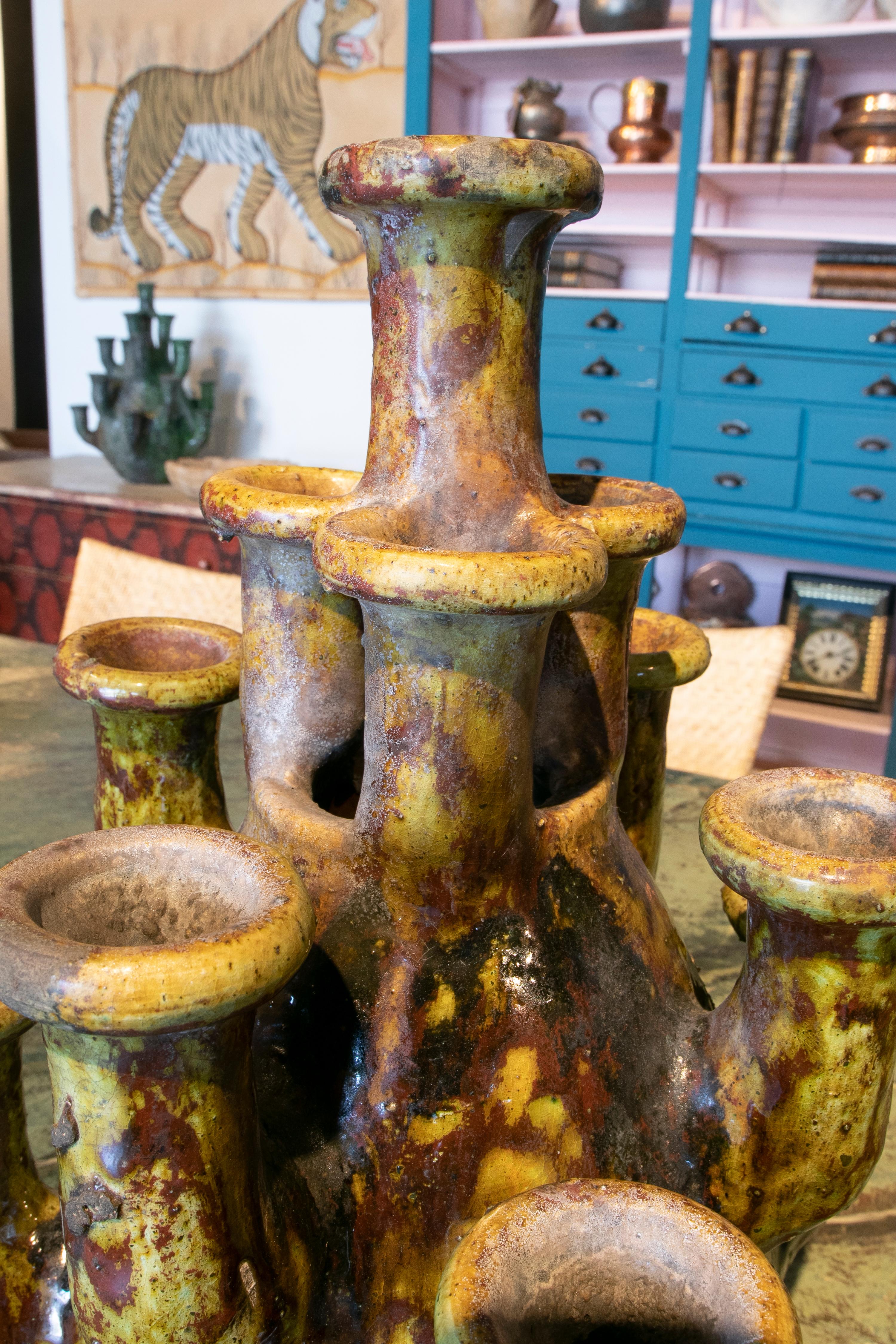 1990s Spanish Artistic Green Glazed Terracotta Ceramic Table Chandelier For Sale 11