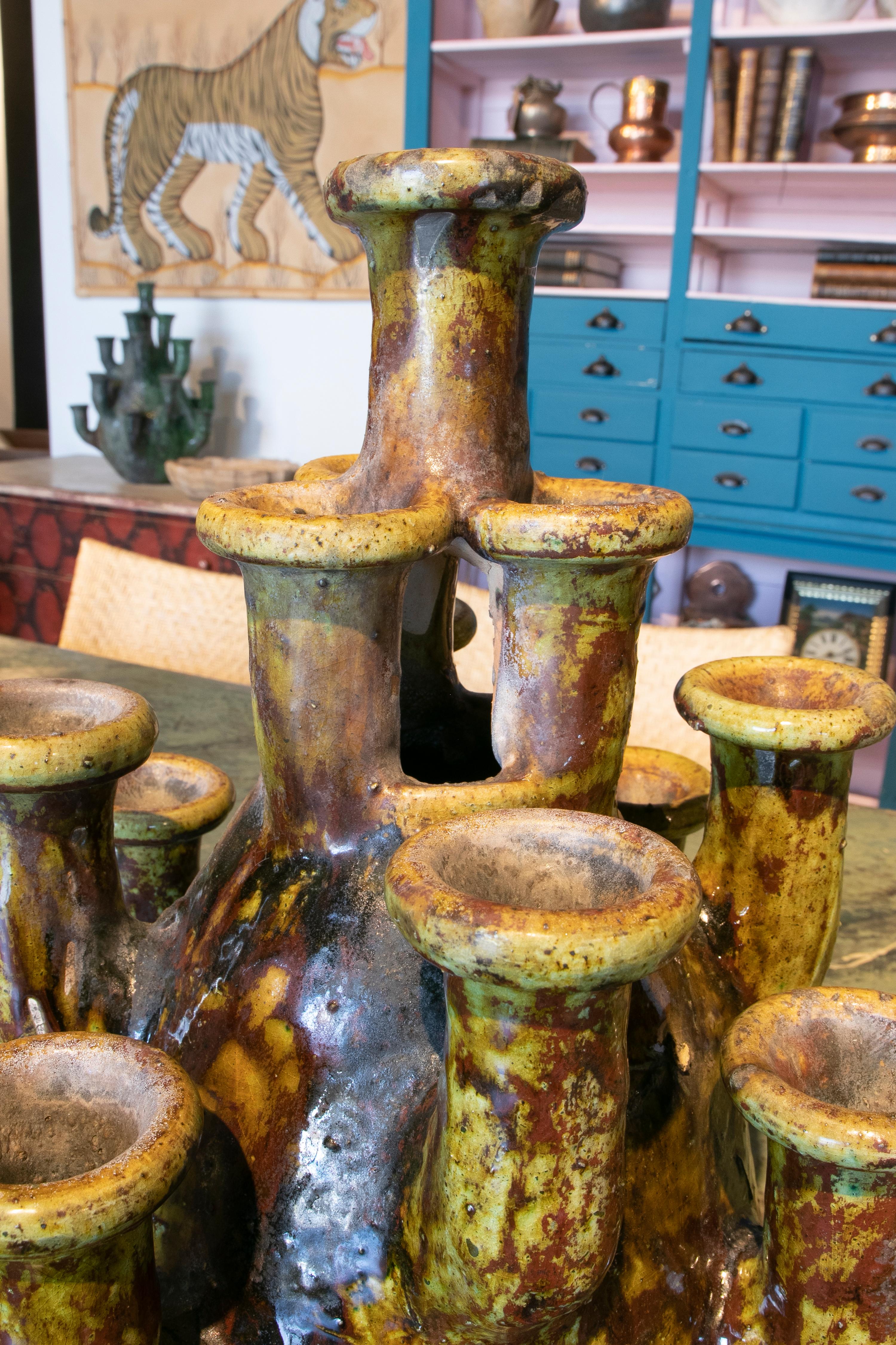 1990s Spanish Artistic Green Glazed Terracotta Ceramic Table Chandelier For Sale 12