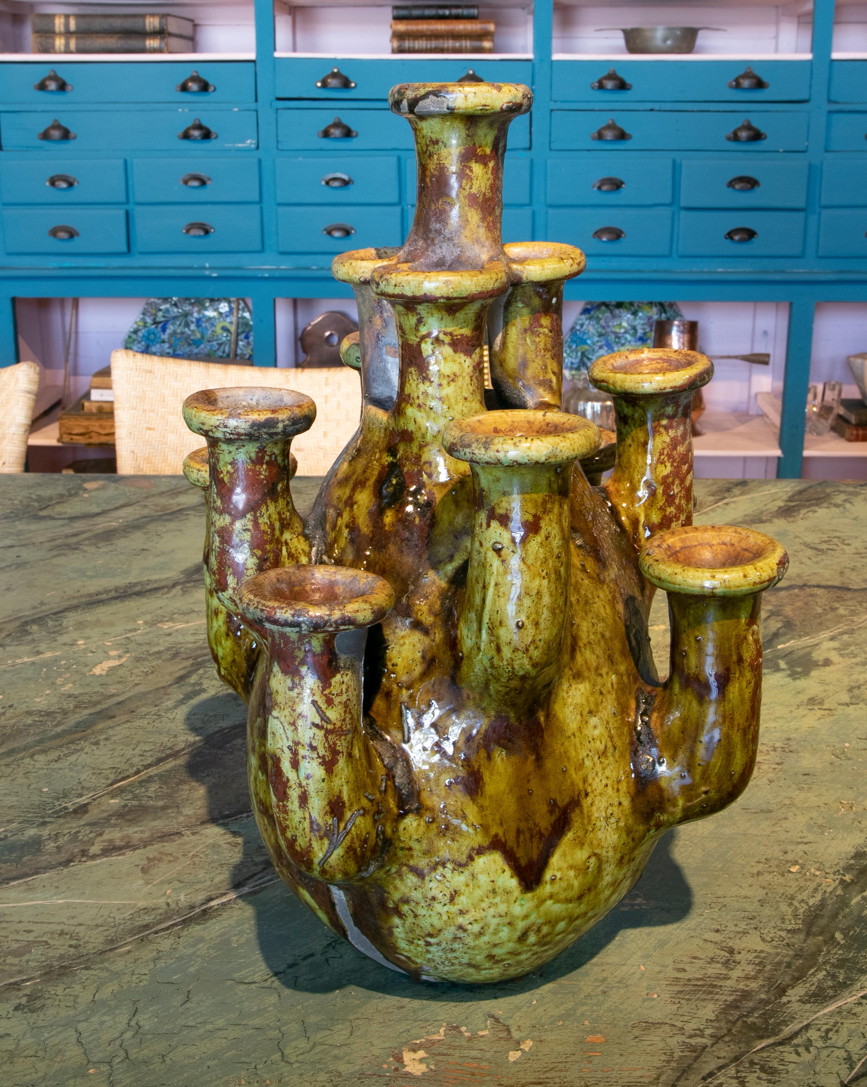 1990s Spanish Artistic Green Glazed Terracotta Ceramic Table Chandelier In Good Condition For Sale In Marbella, ES