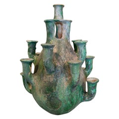 1990s Spanish Artistic Green Glazed Terracotta Ceramic Table Chandelier