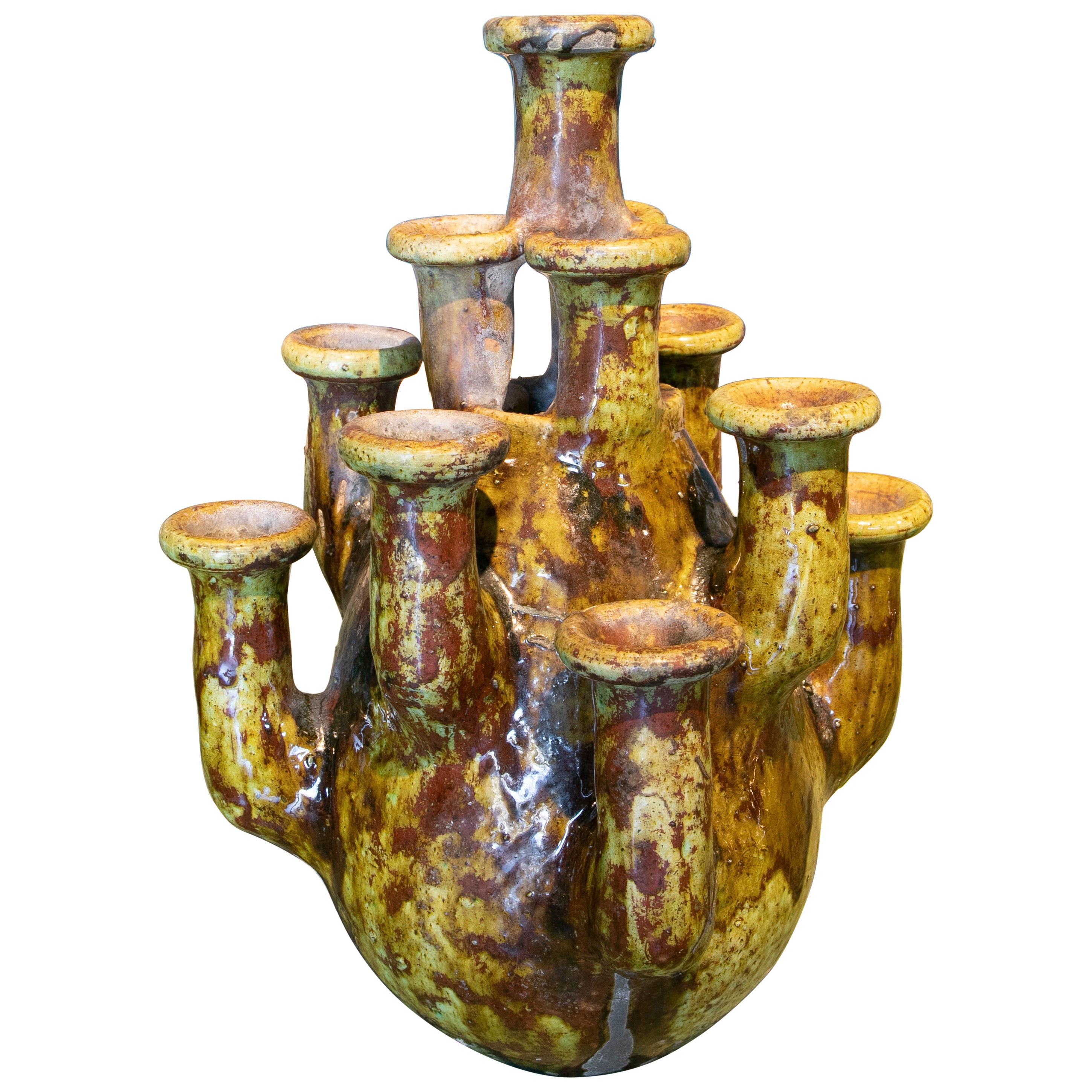 1990s Spanish Artistic Green Glazed Terracotta Ceramic Table Chandelier