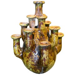1990s Spanish Artistic Green Glazed Terracotta Ceramic Table Chandelier