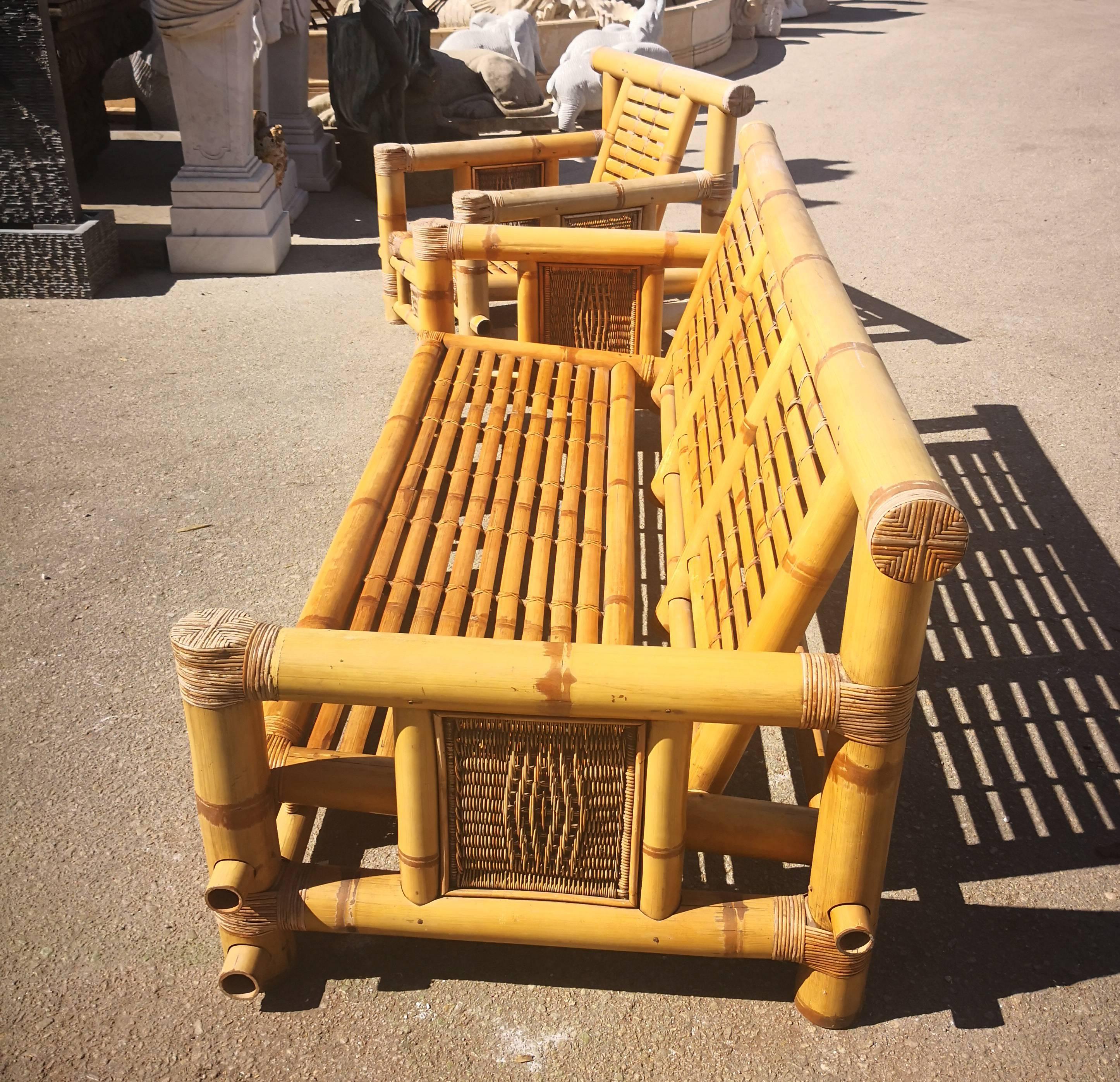 1990s Spanish Bamboo and Rattan Sofa Chair and Couch In Good Condition In Marbella, ES