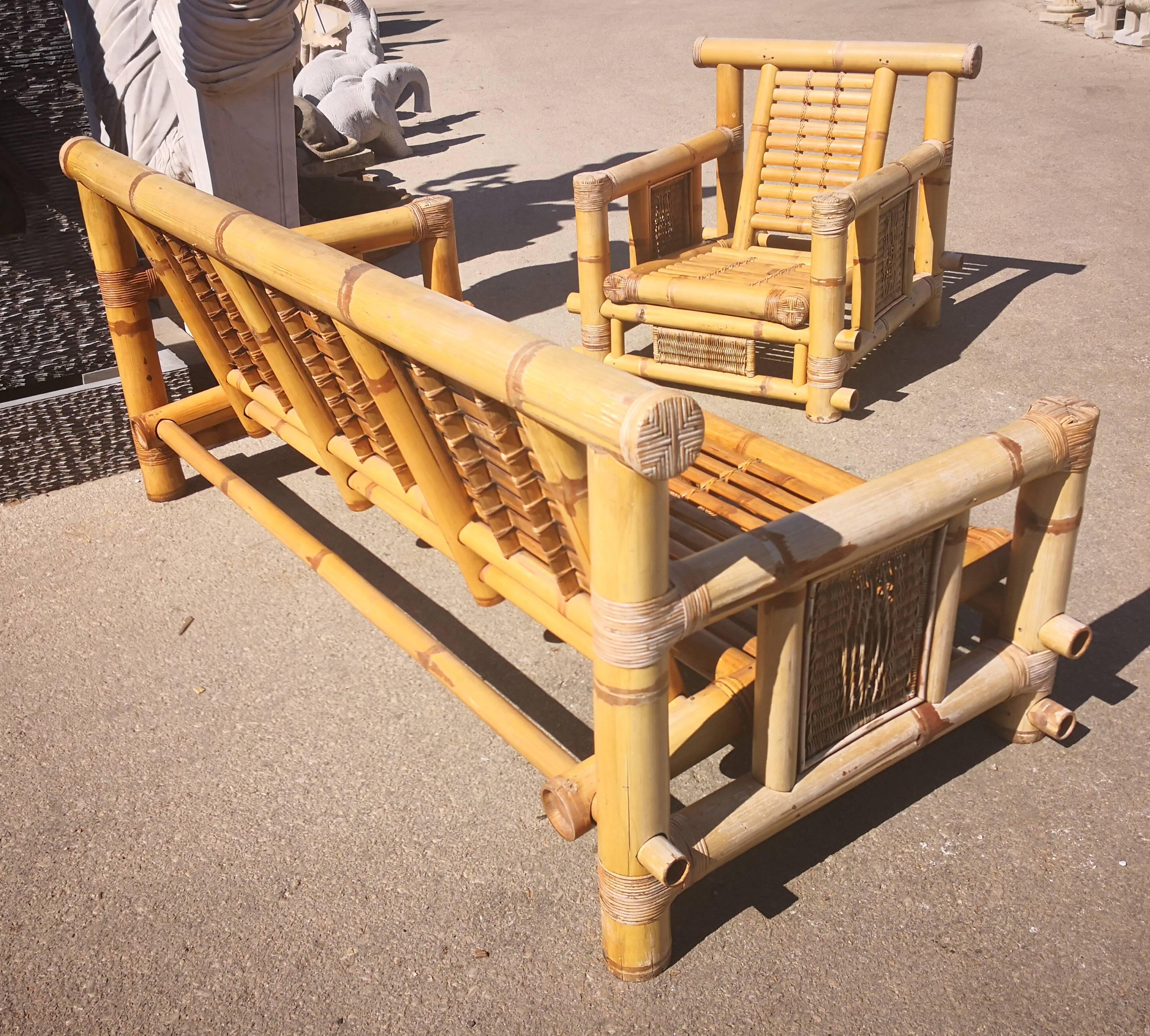 1990s Spanish Bamboo and Rattan Sofa Chair and Couch 1