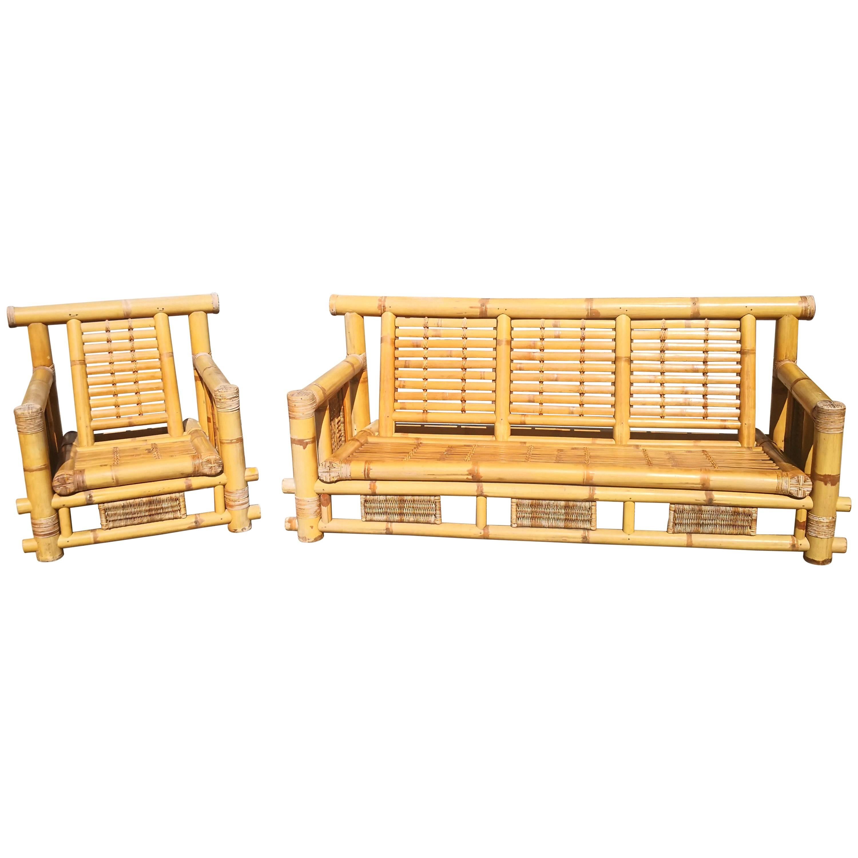 1990s Spanish Bamboo and Rattan Sofa Chair and Couch