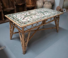 1990s Spanish Bamboo Table w/ PaintedCeramic Tiles Top & Signed Punter SL