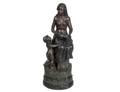 1990s Spanish Cast Bronze Woman w/ Boy Holding Water Jar