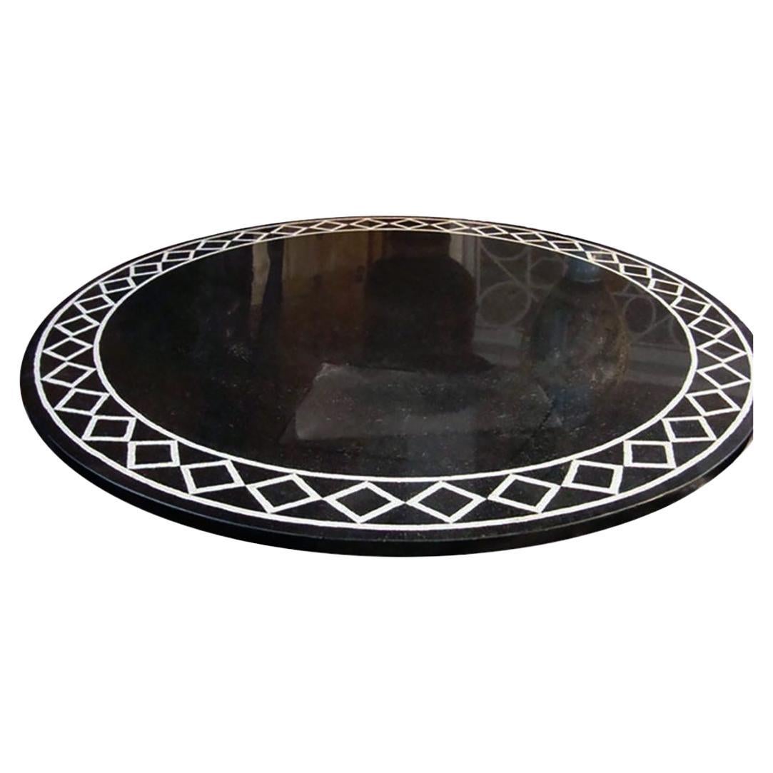 Handcrafted 1990s Spanish mosaic round Belgium black and Macael white marble table top