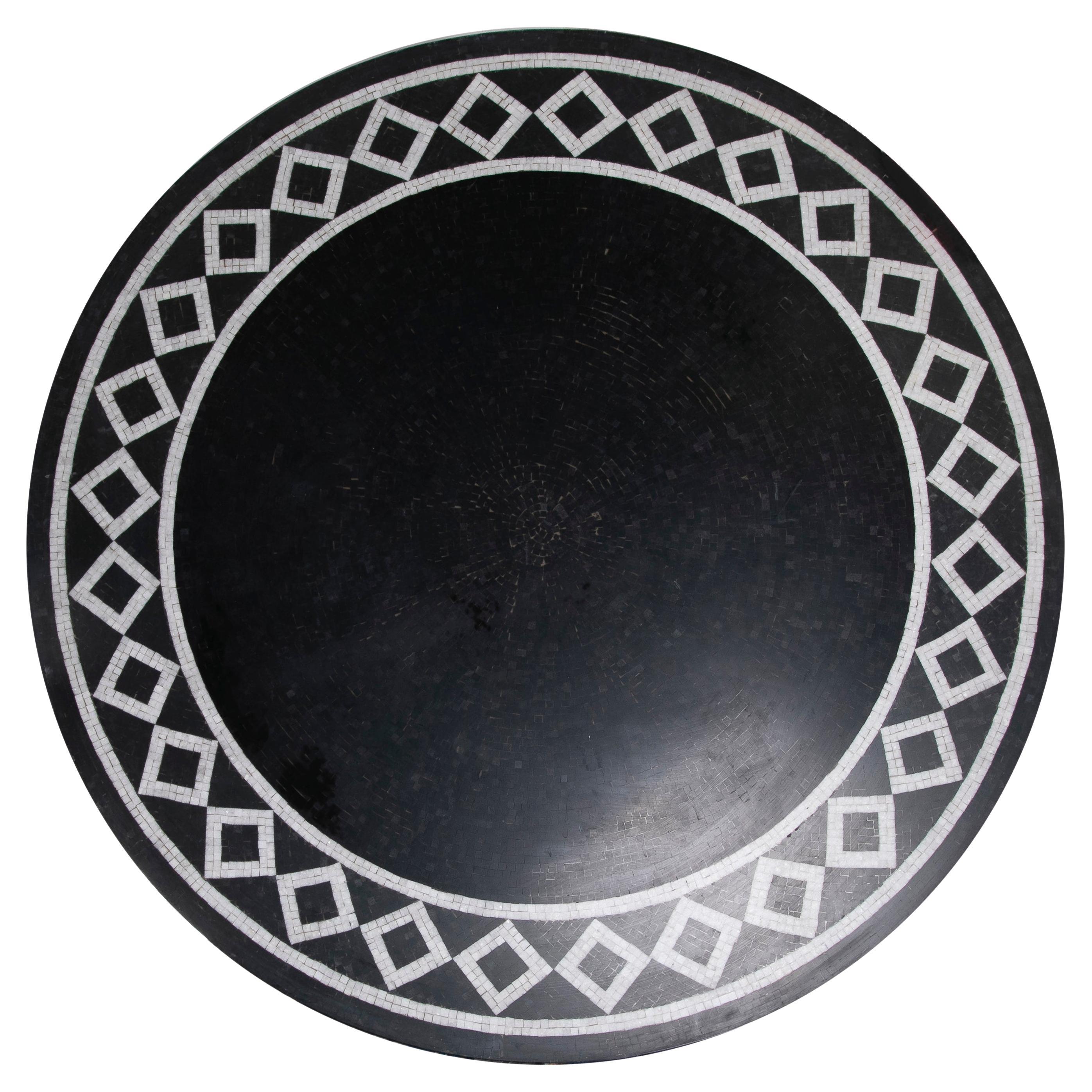 1990s Spanish Classical Roman Mosaic Round Black & White Marble Table Top