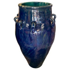Vintage 1990s Spanish Cobalt Blue Glazed Terracotta Vase w/ Small Handles