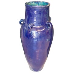 Vintage 1990s Spanish Cobalt Blue Glazed Terracotta Vase w/ Small Handles