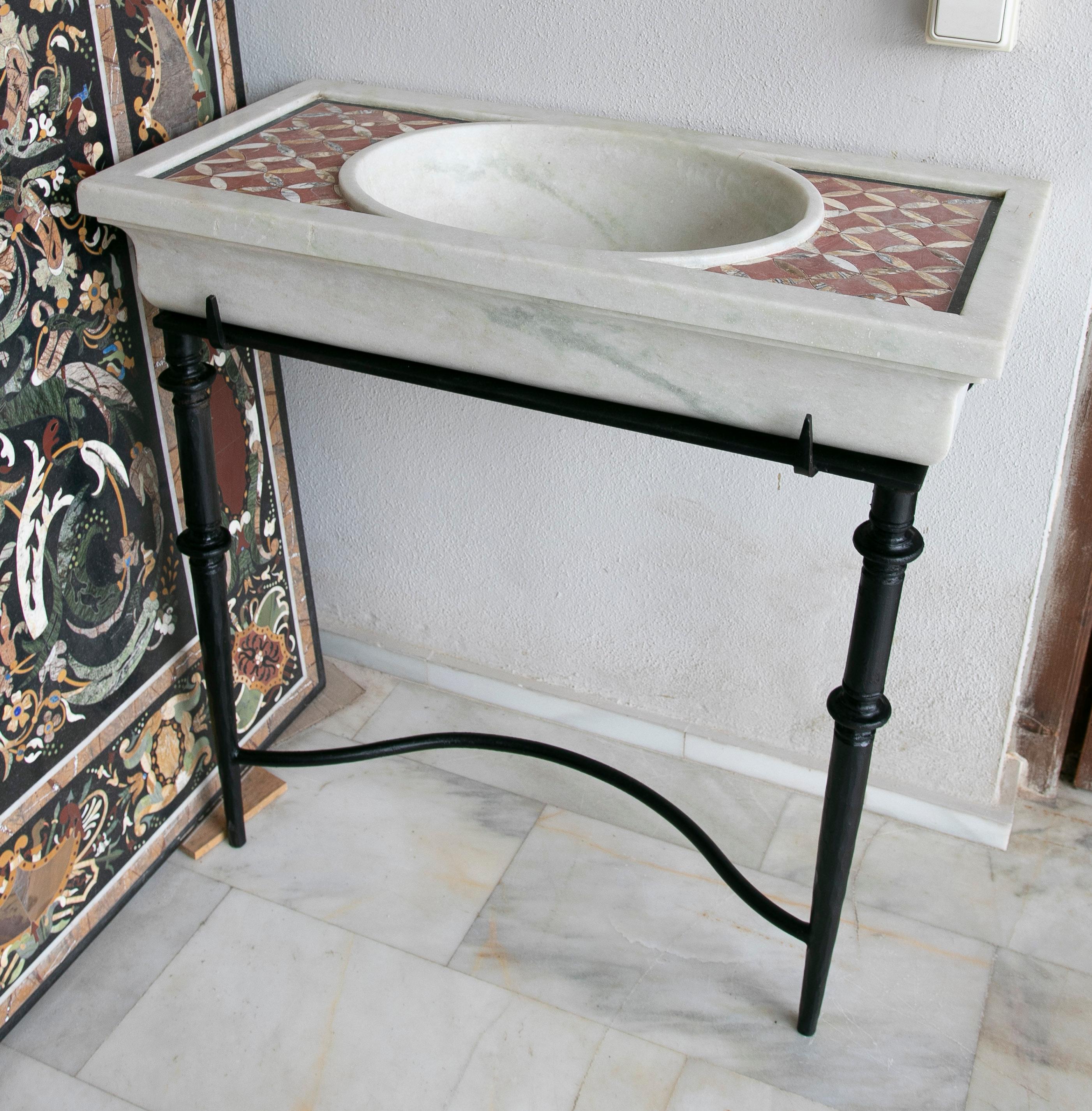 Hand-Carved 1990s Spanish Designer Macael Marble Mosaic Inlay Washbasin & Wrought Iron Legs