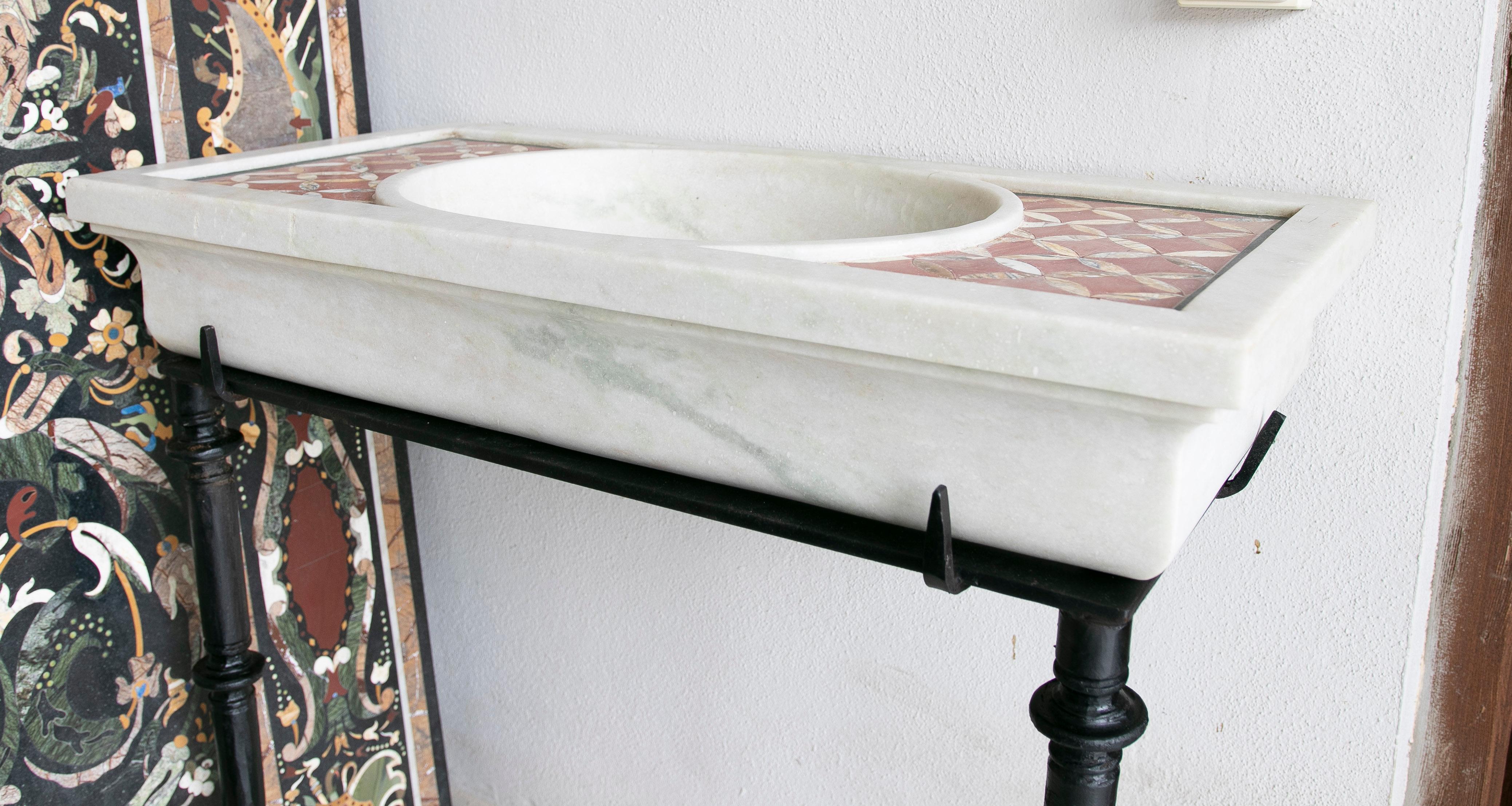 1990s Spanish Designer Macael Marble Mosaic Inlay Washbasin & Wrought Iron Legs In Good Condition In Marbella, ES