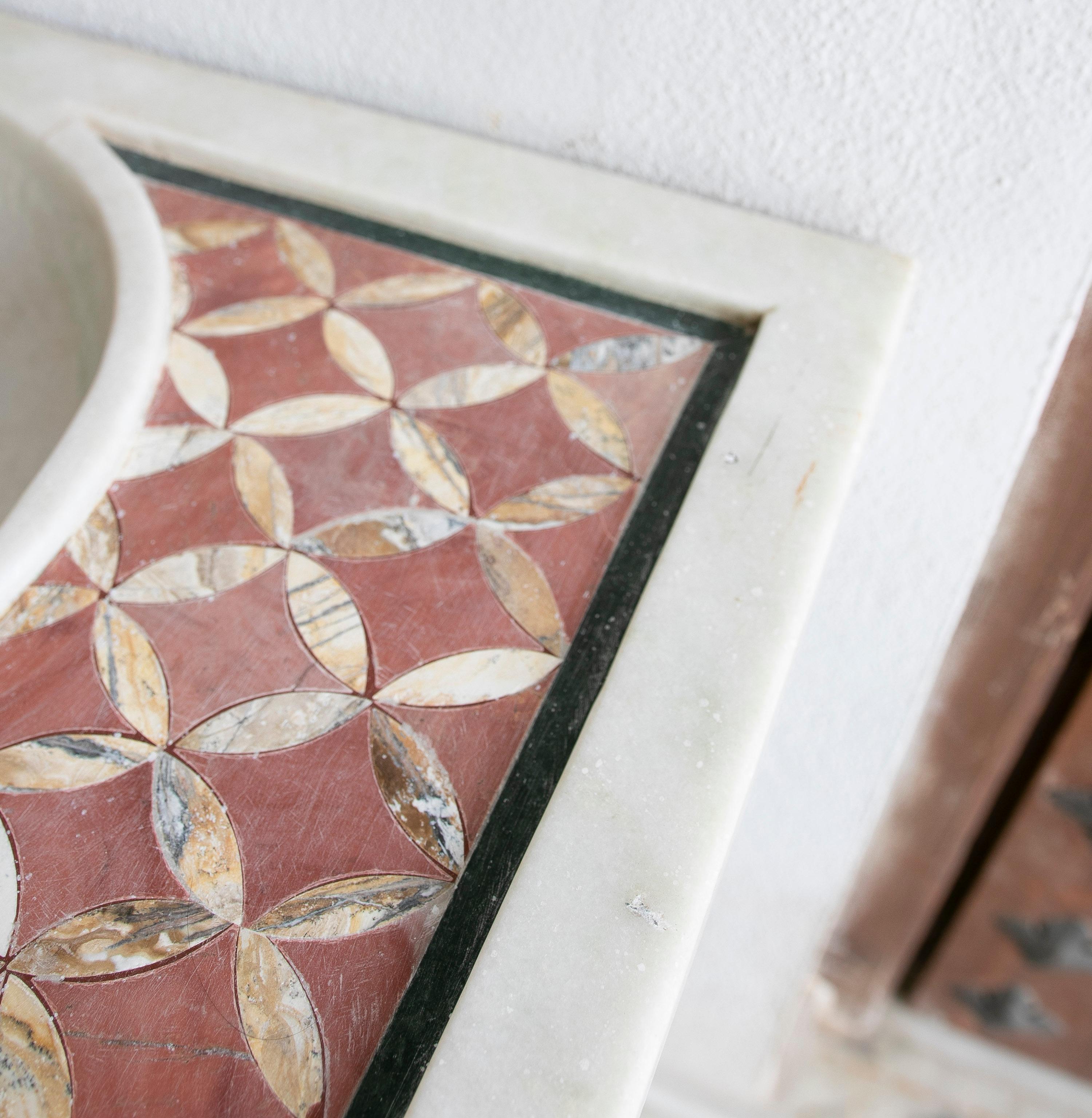 1990s Spanish Designer Macael Marble Mosaic Inlay Washbasin & Wrought Iron Legs 4