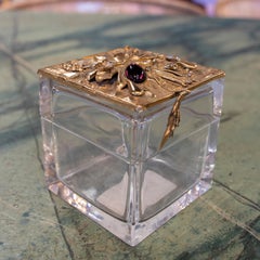 1990s Spanish Glass Box w/ Semiprecious Gemstone Studded Flower Metal Top