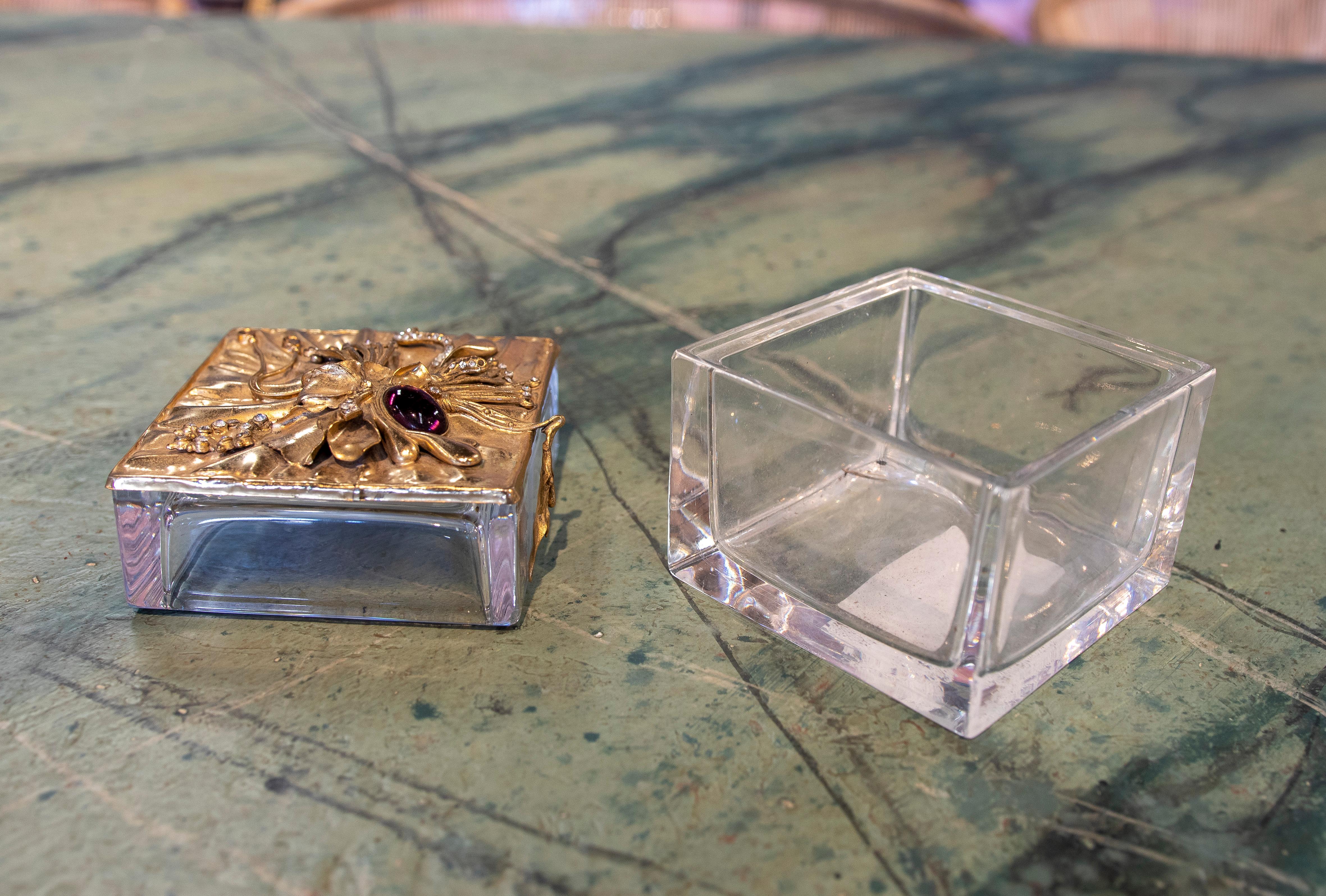 European 1990s Spanish Glass Box w/ Semiprecious Gemstone Studded Flower Metal Top For Sale