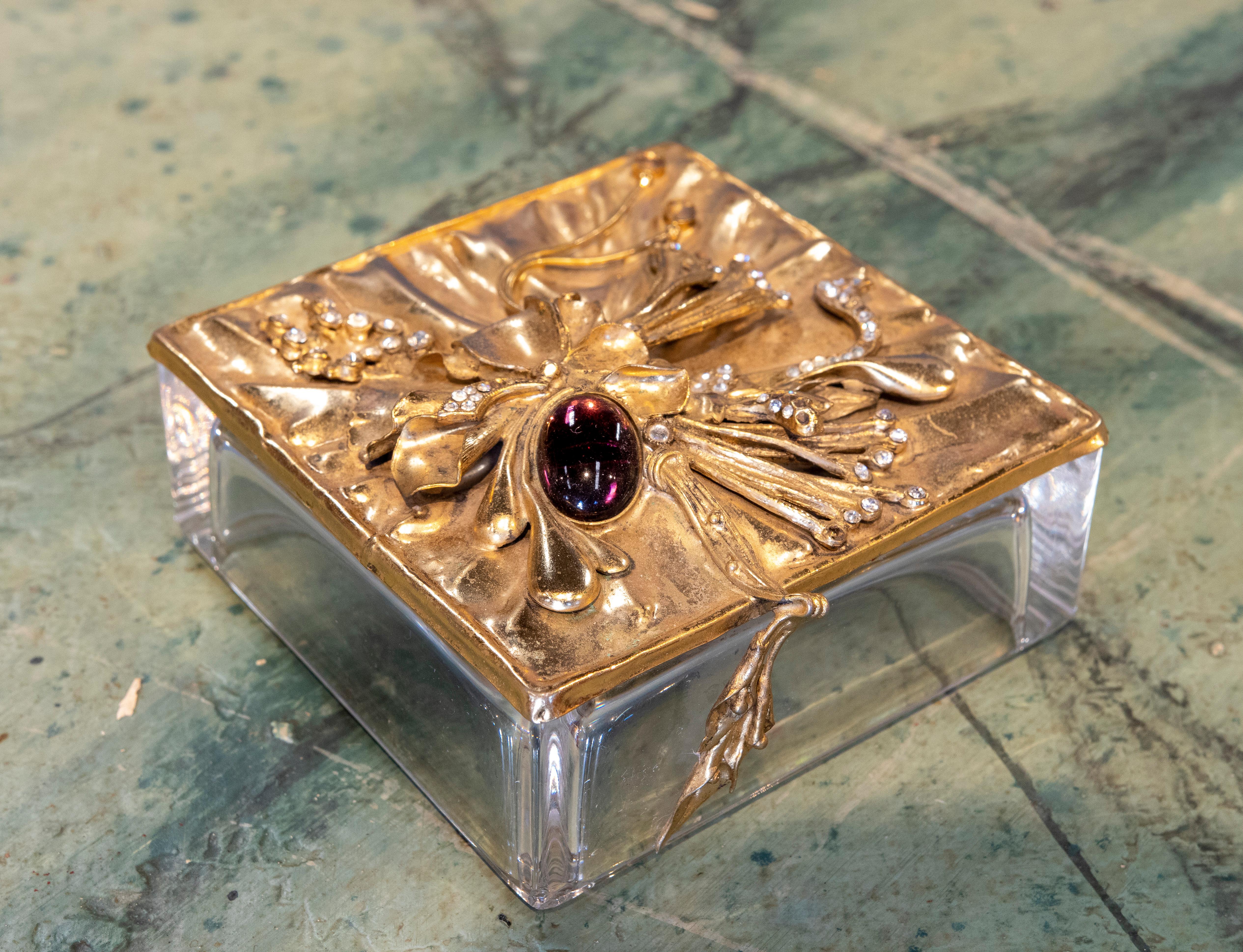 20th Century 1990s Spanish Glass Box w/ Semiprecious Gemstone Studded Flower Metal Top For Sale