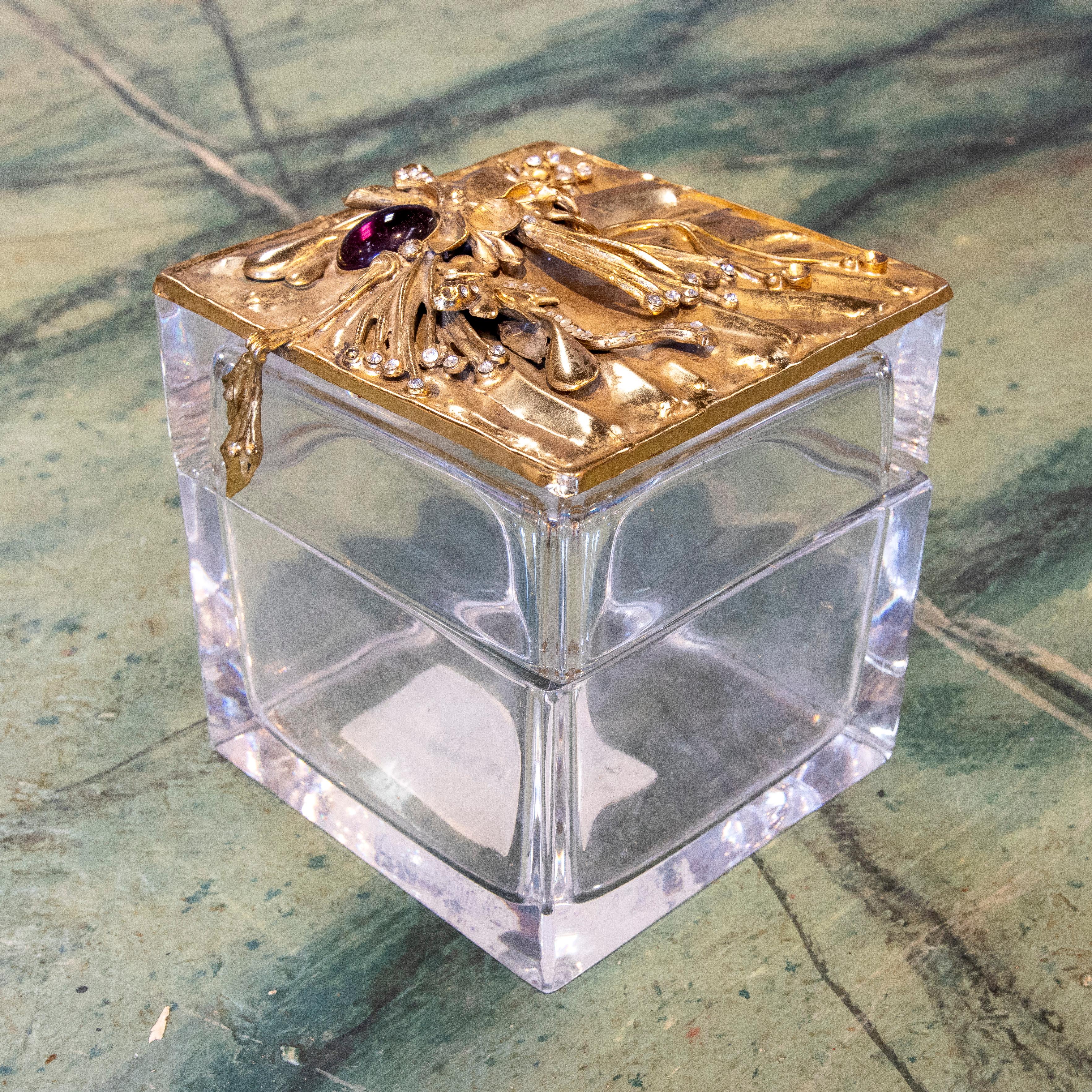 1990s Spanish Glass Box w/ Semiprecious Gemstone Studded Flower Metal Top For Sale 1