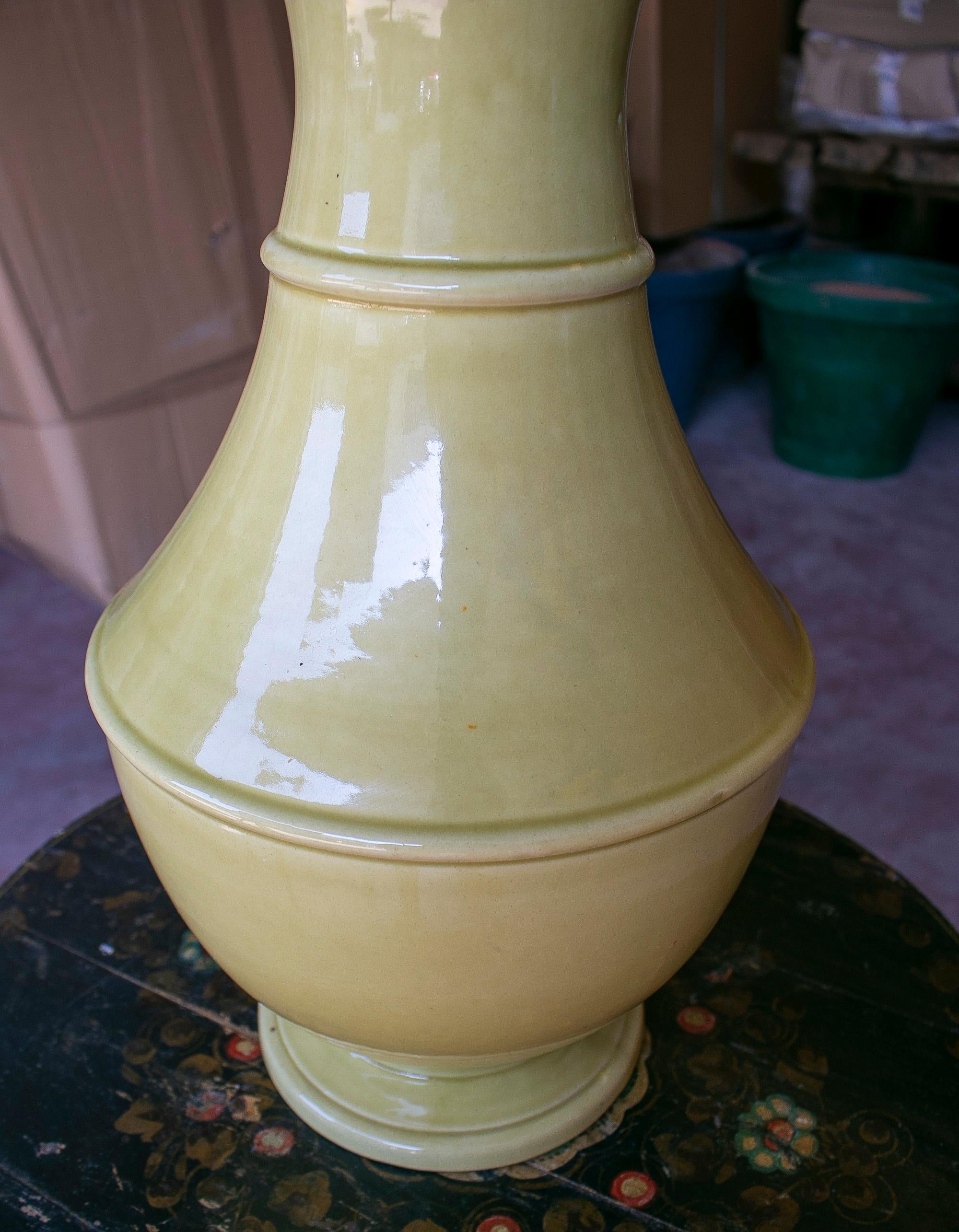 1990s Spanish Glazed Terracotta Ceramic Yellow Table Lamp 2