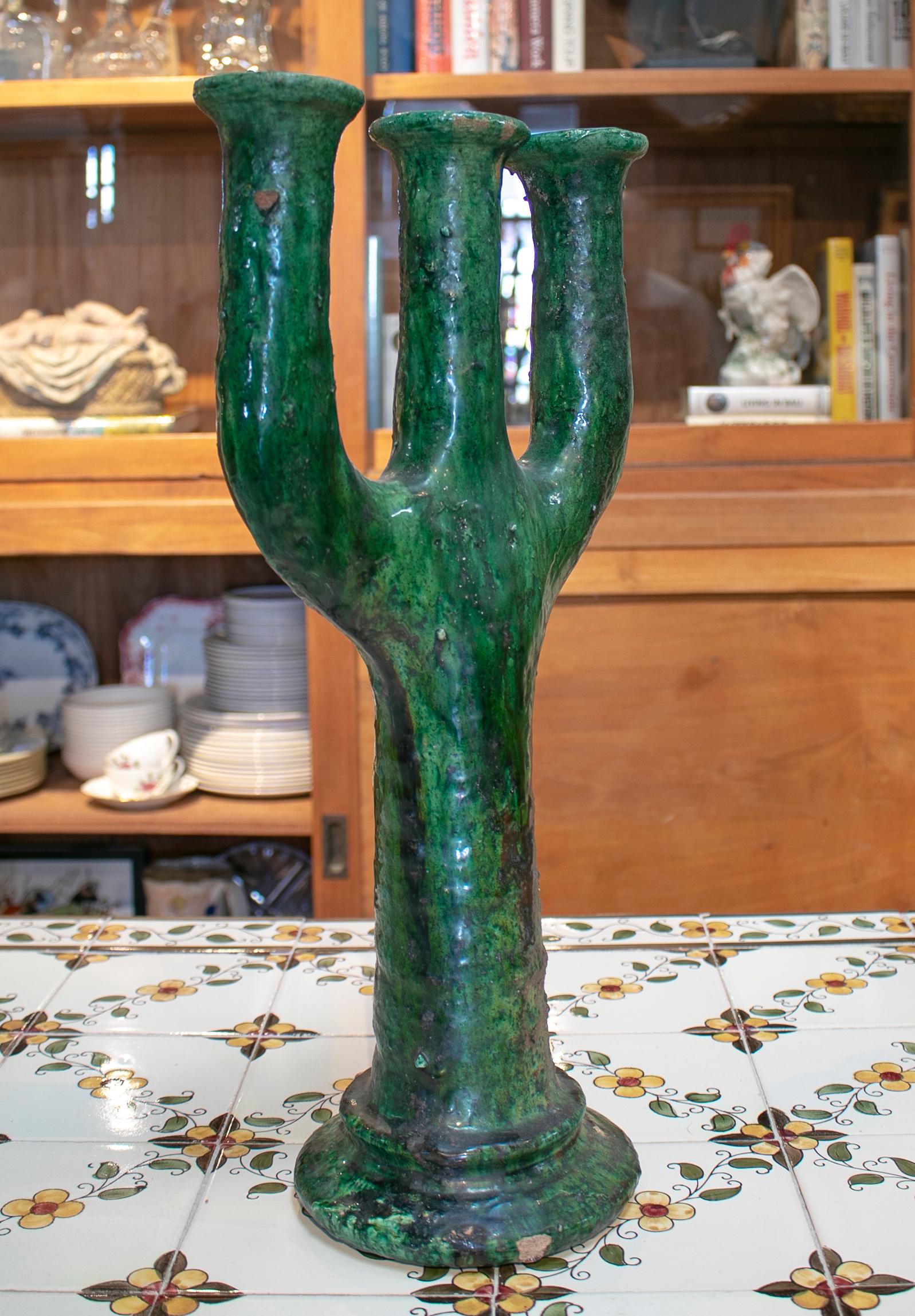 1990s Spanish Green Glazed Ceramic Terracotta Candlestick In Good Condition In Marbella, ES