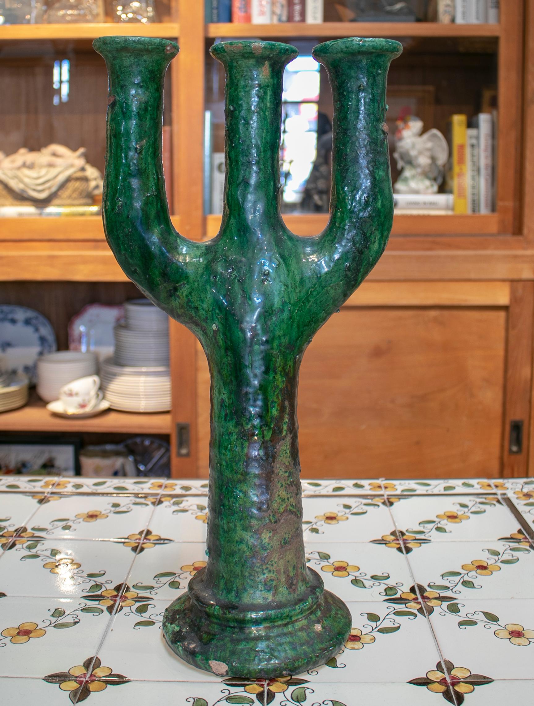 20th Century 1990s Spanish Green Glazed Ceramic Terracotta Candlestick