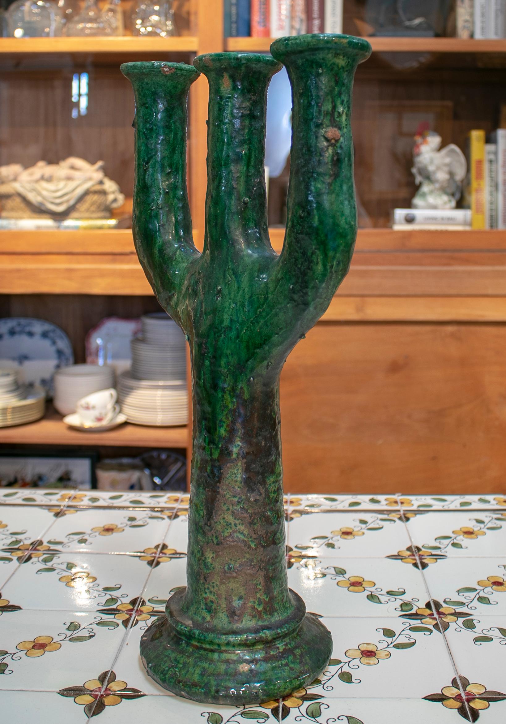 1990s Spanish Green Glazed Ceramic Terracotta Candlestick 1