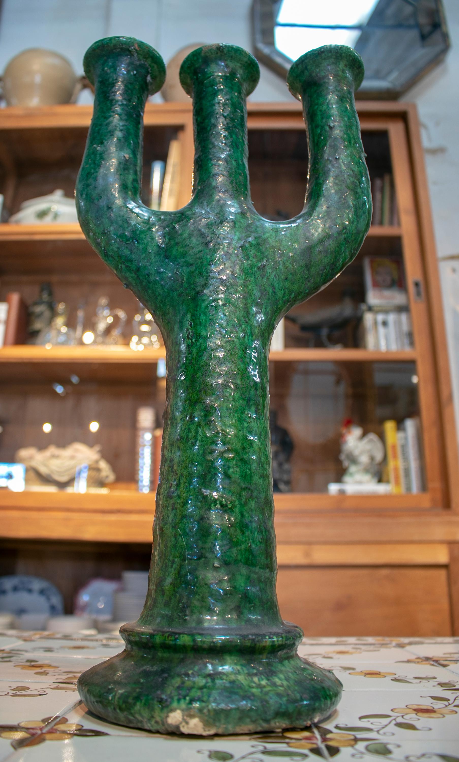 1990s Spanish Green Glazed Ceramic Terracotta Candlestick 3