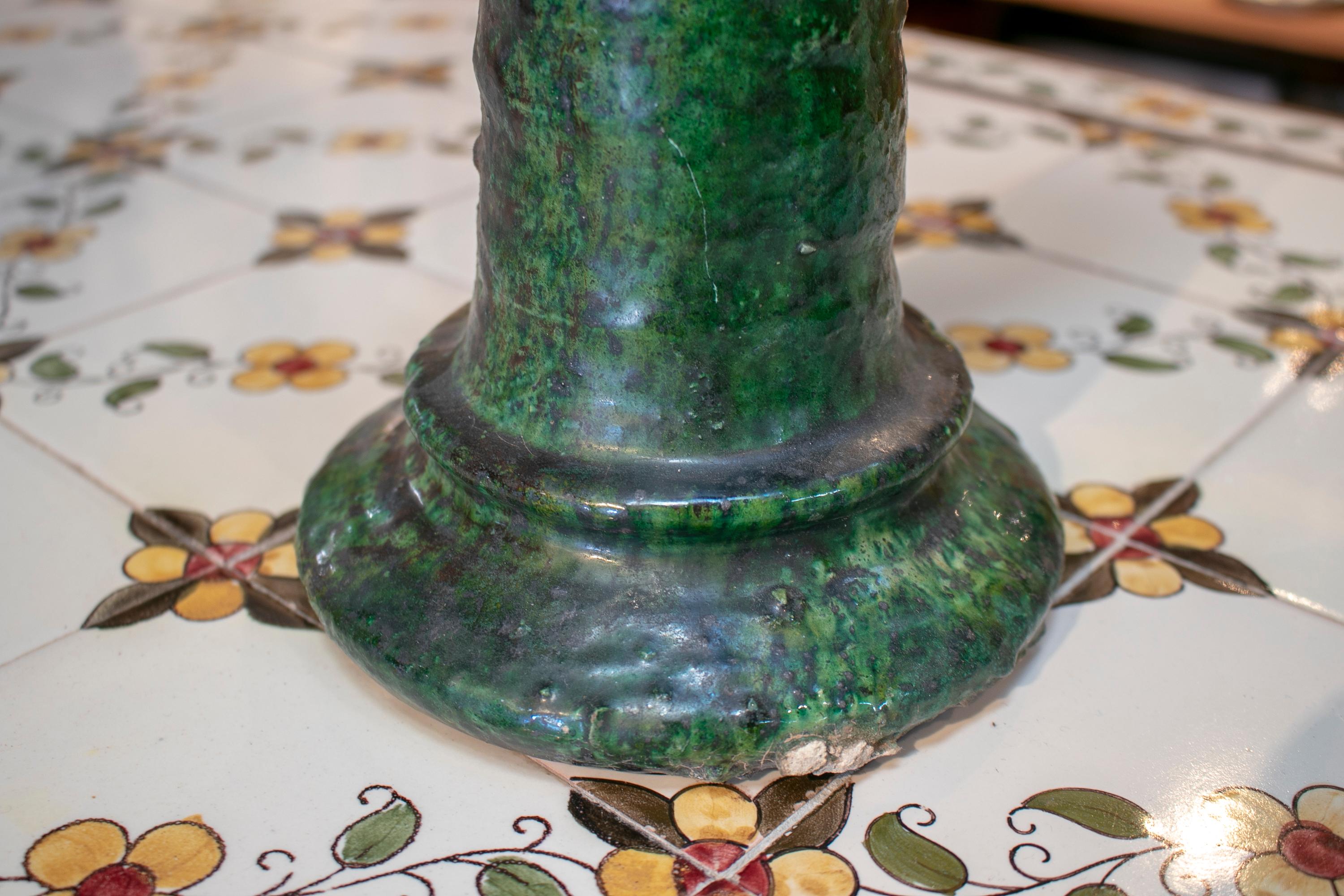 1990s Spanish Green Glazed Ceramic Terracotta Candlestick 4