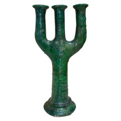 1990s Spanish Green Glazed Ceramic Terracotta Candlestick