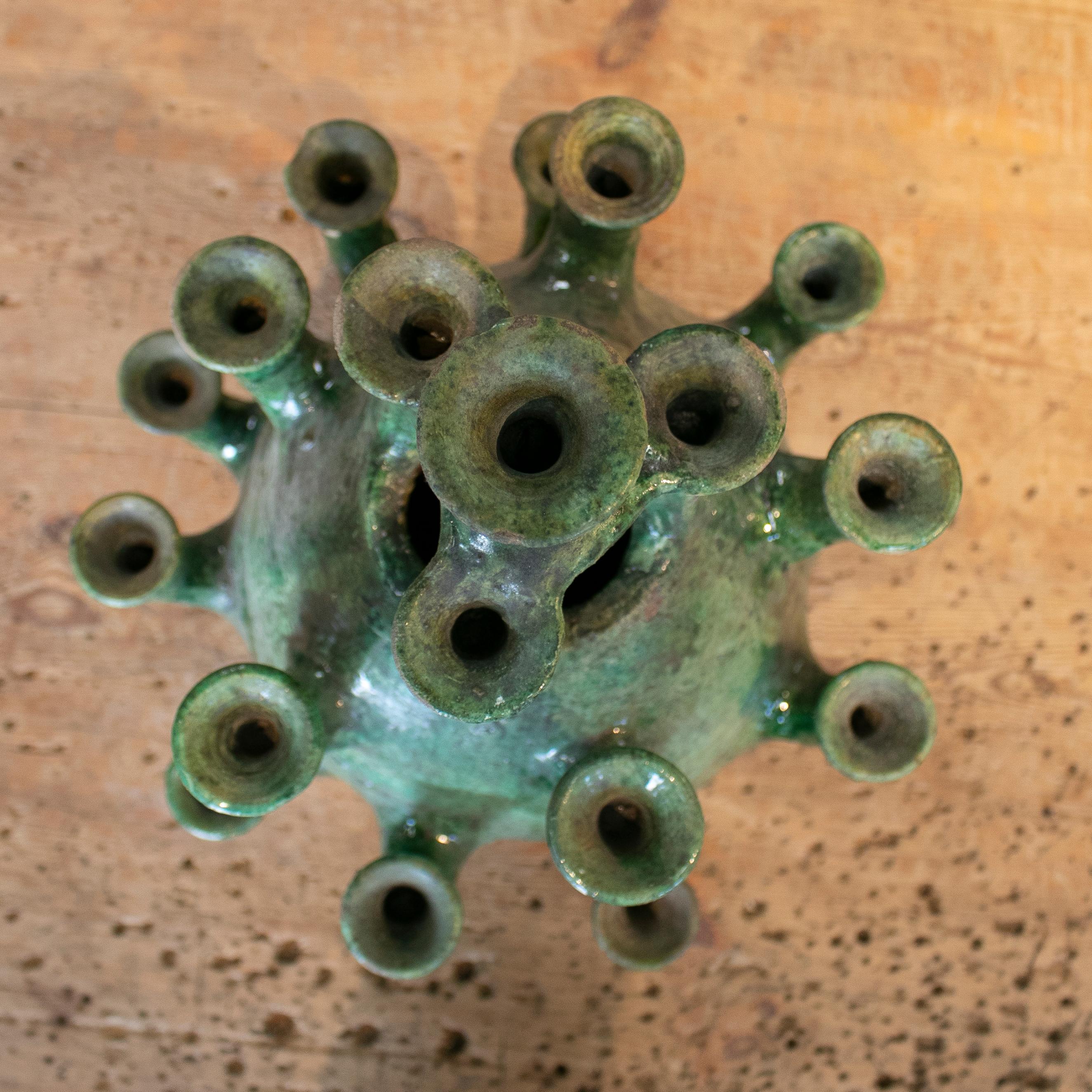 1990s Spanish Green Glazed Table Candle Holder  5