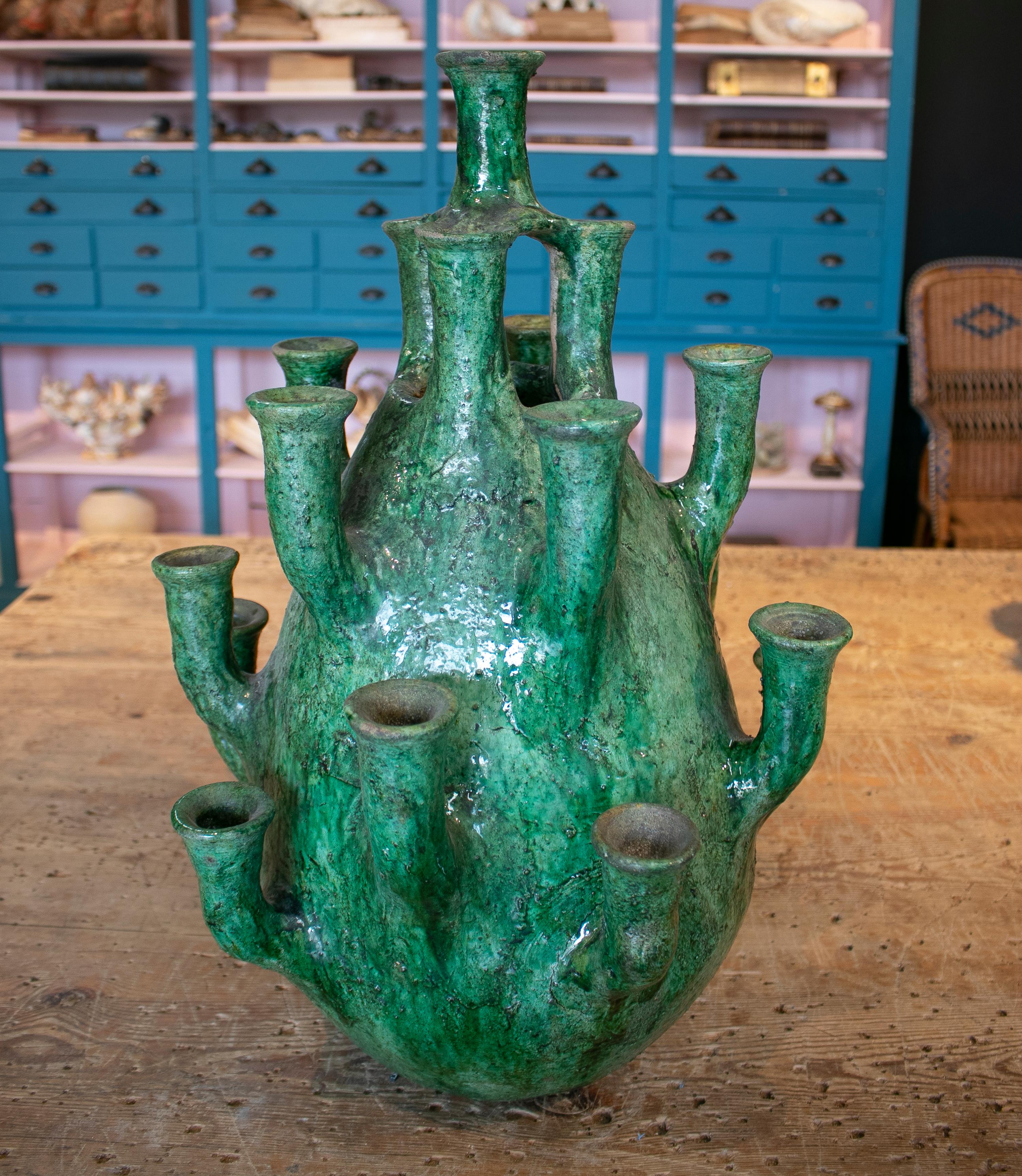 Artistic 1990s Spanish green glazed table candle holder.