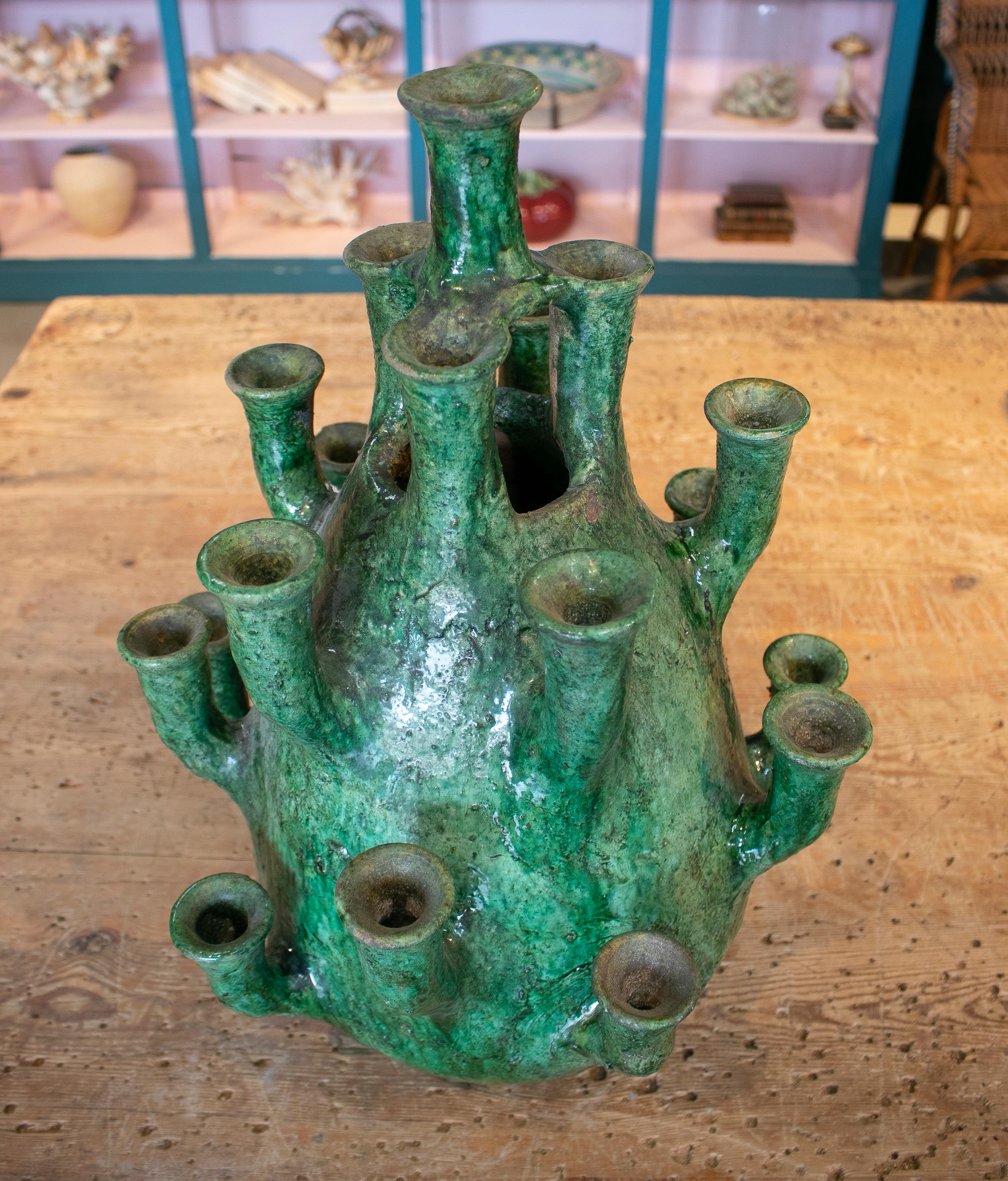 1990s Spanish Green Glazed Table Candle Holder  In Good Condition In Marbella, ES