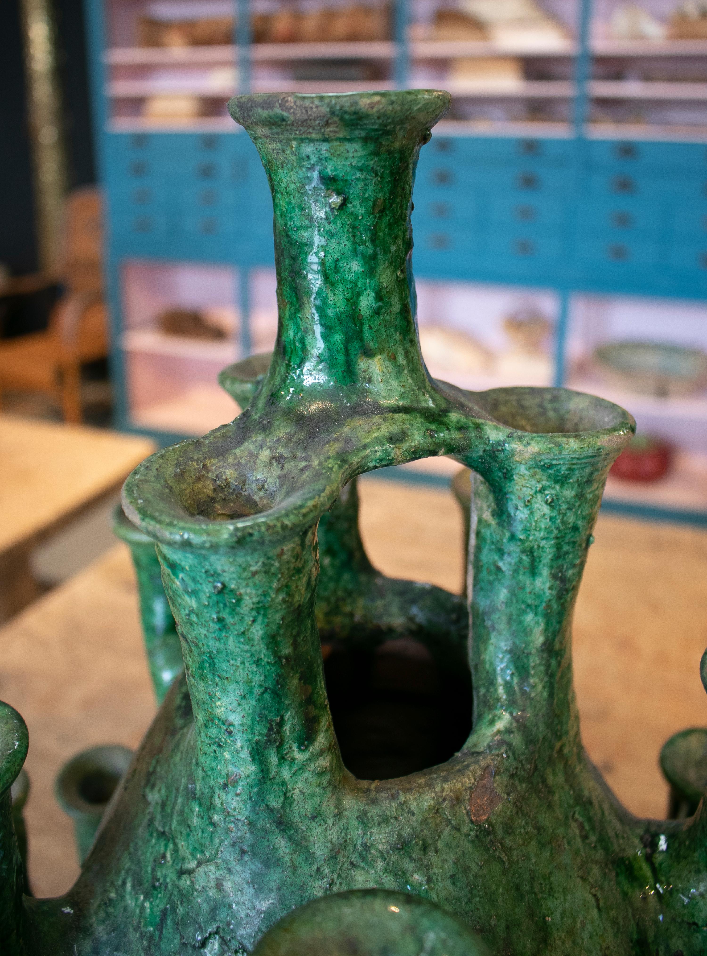 20th Century 1990s Spanish Green Glazed Table Candle Holder 