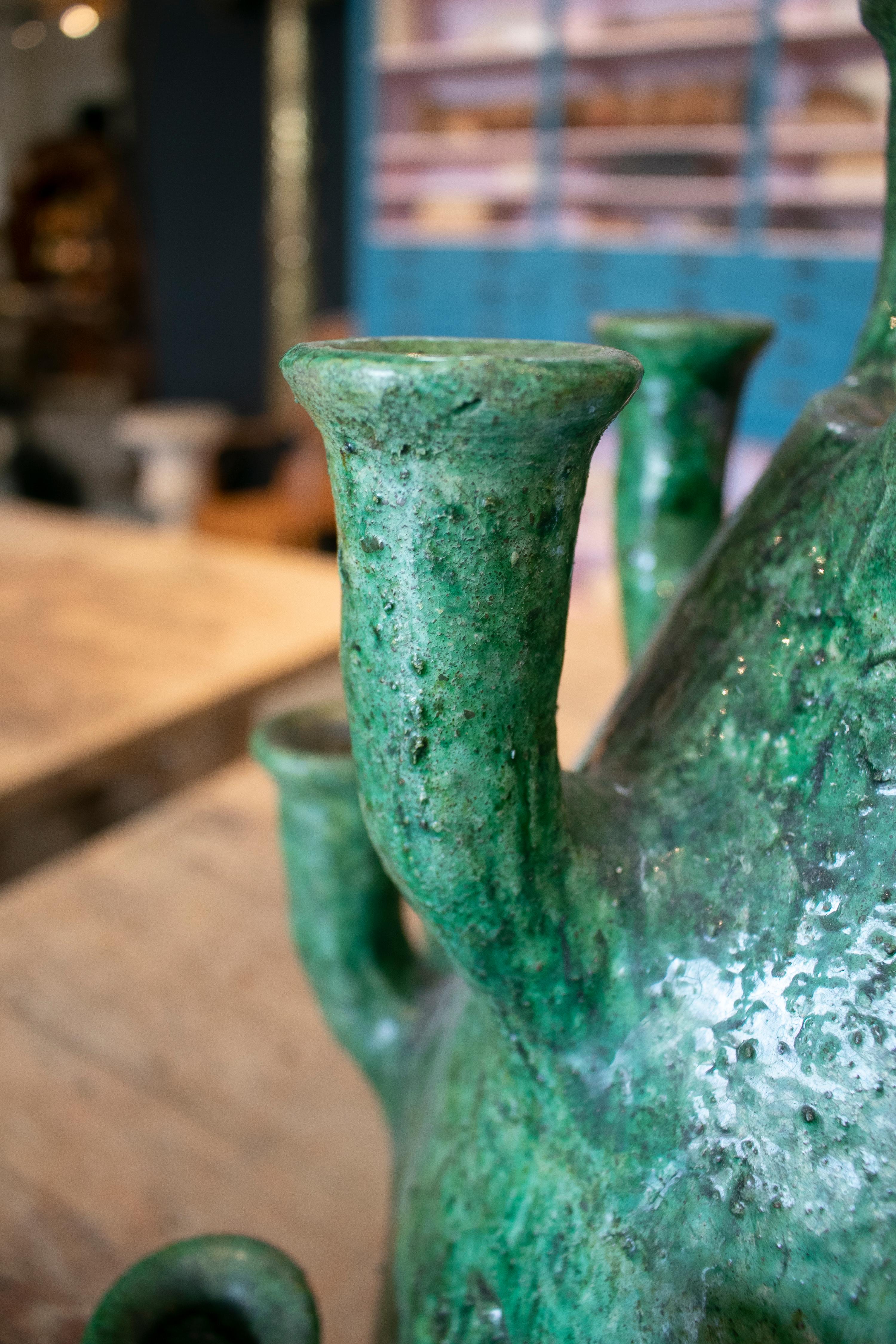 Ceramic 1990s Spanish Green Glazed Table Candle Holder 