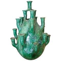 1990s Spanish Green Glazed Table Candle Holder 