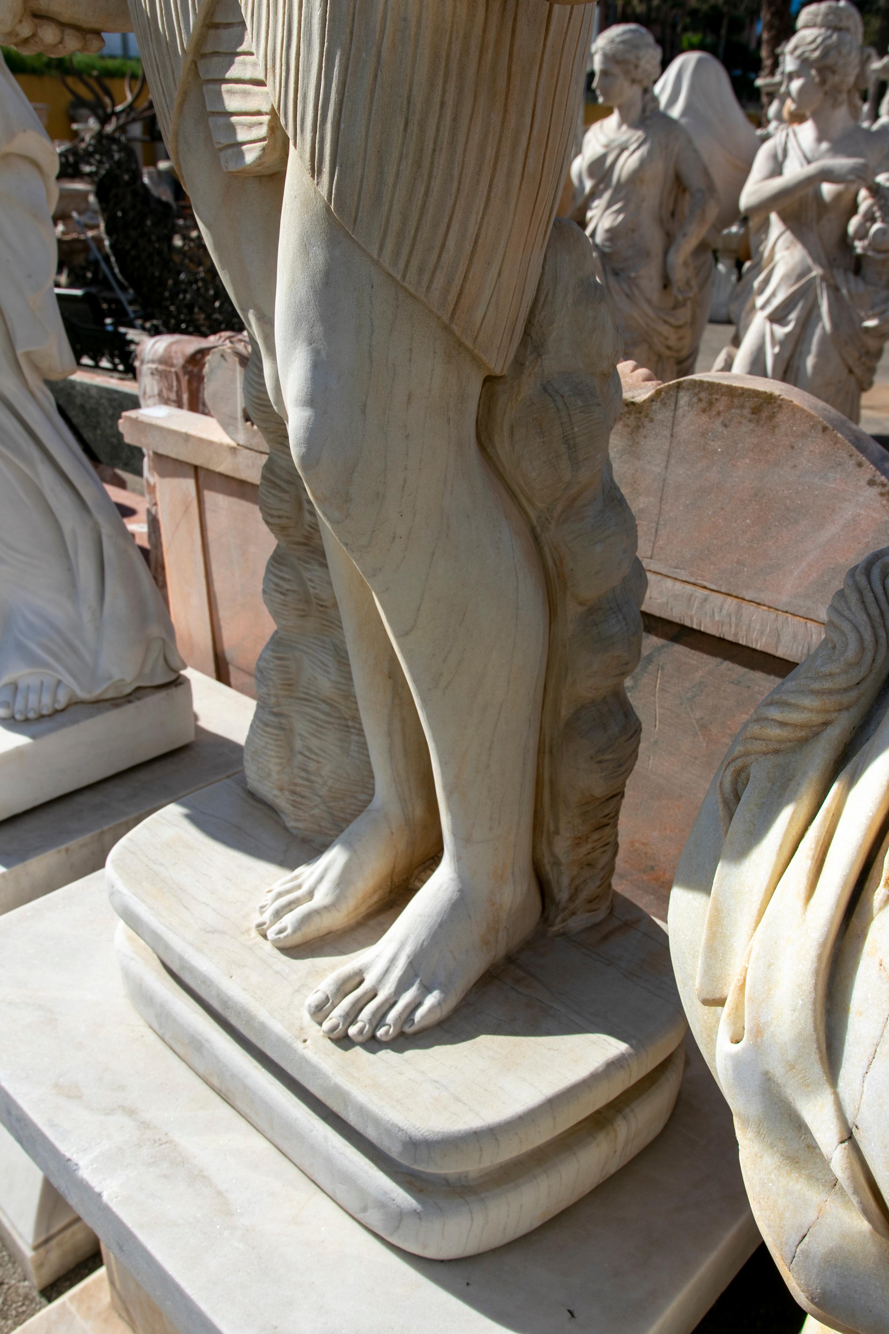 1990s Spanish Hand Carved Aged Carrara White Marble Egyptian King Sculpture For Sale 9