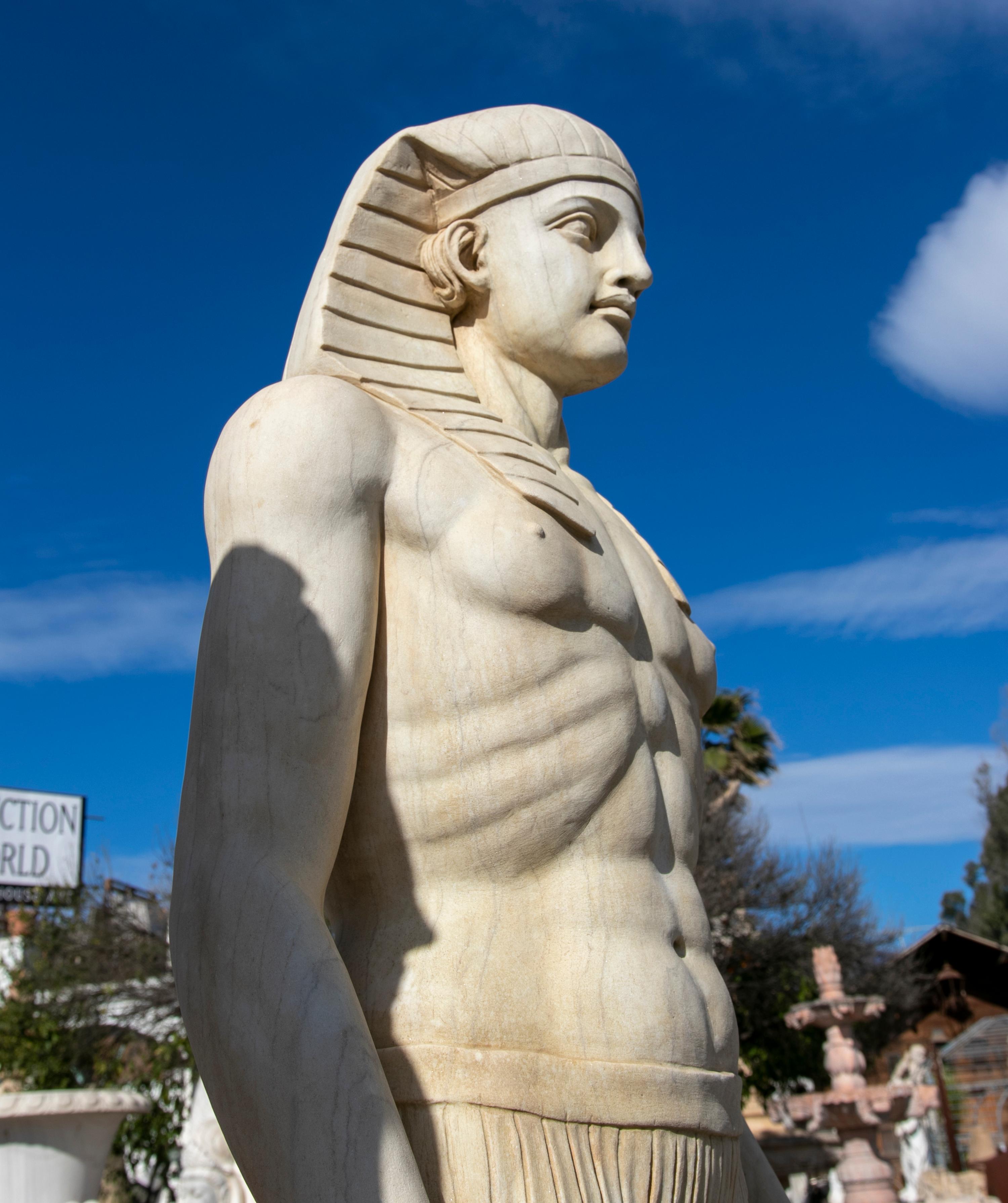 1990s Spanish hand carved aged Carrara wshite marble sculpture of an Egyptian King.