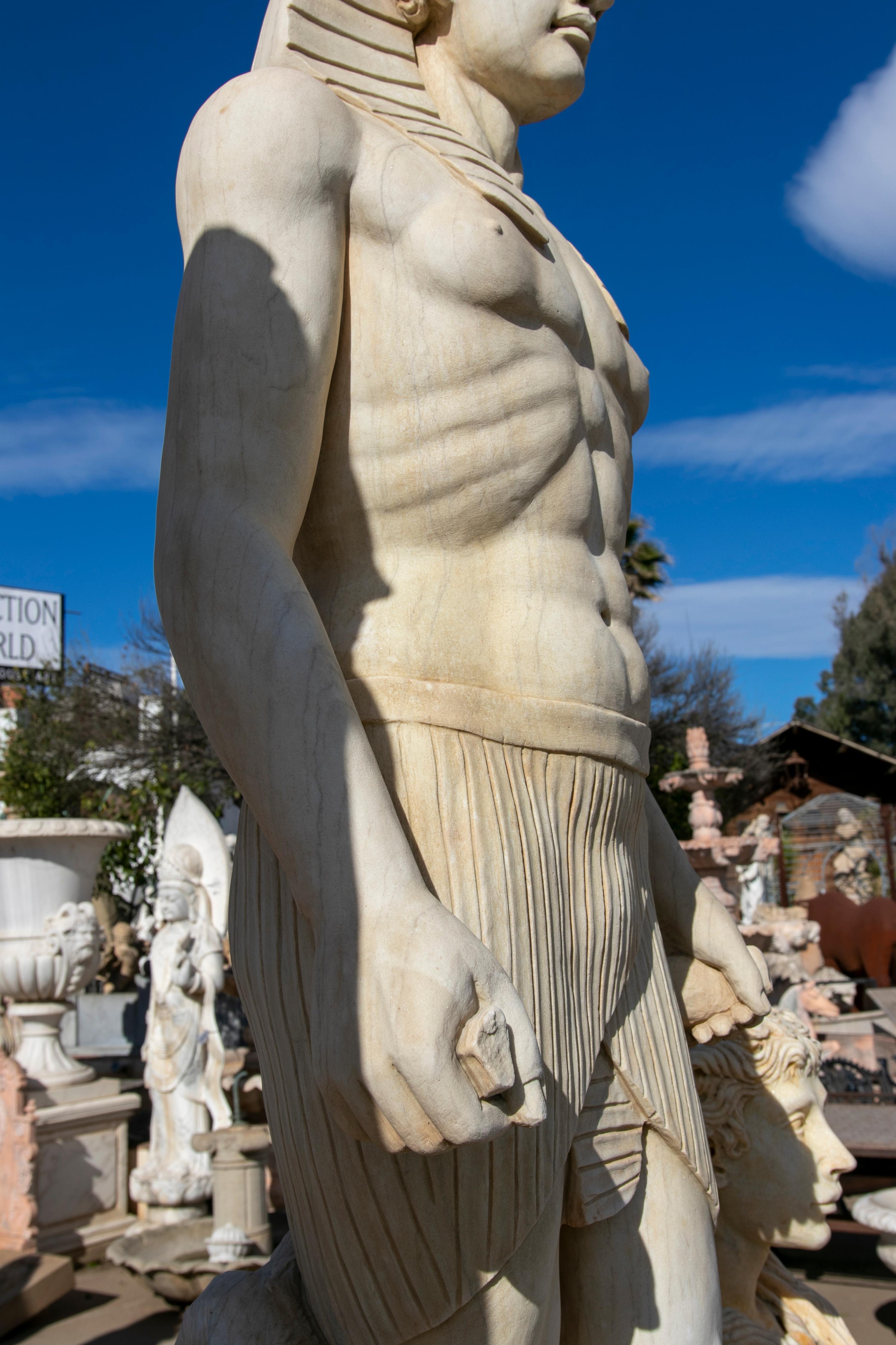 Hand-Carved 1990s Spanish Hand Carved Aged Carrara White Marble Egyptian King Sculpture For Sale